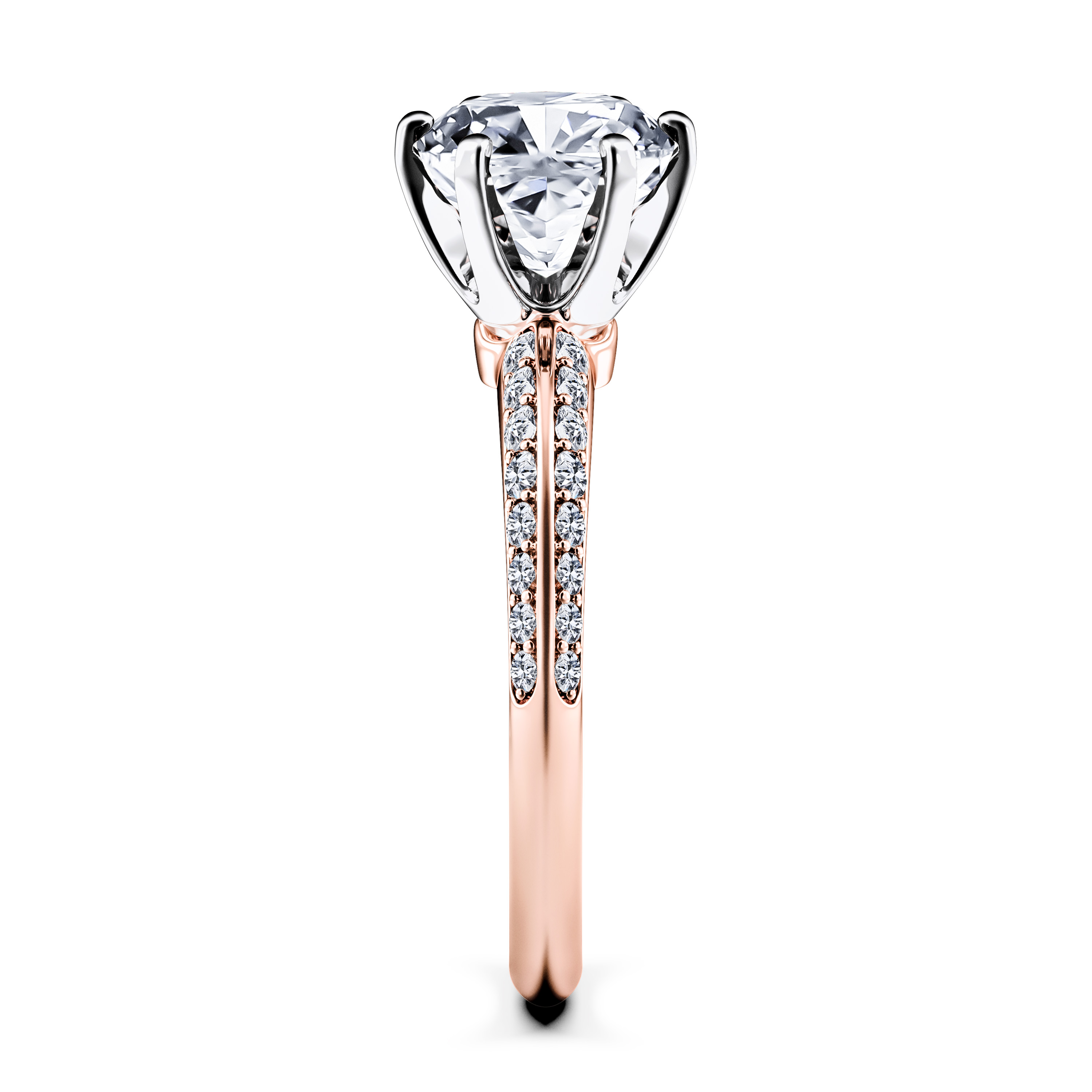 The Moon Ocean Side Stones Diamond Engagement Ring in 18ct Rose Gold with Cushion Centre Stone Alternate shot 3