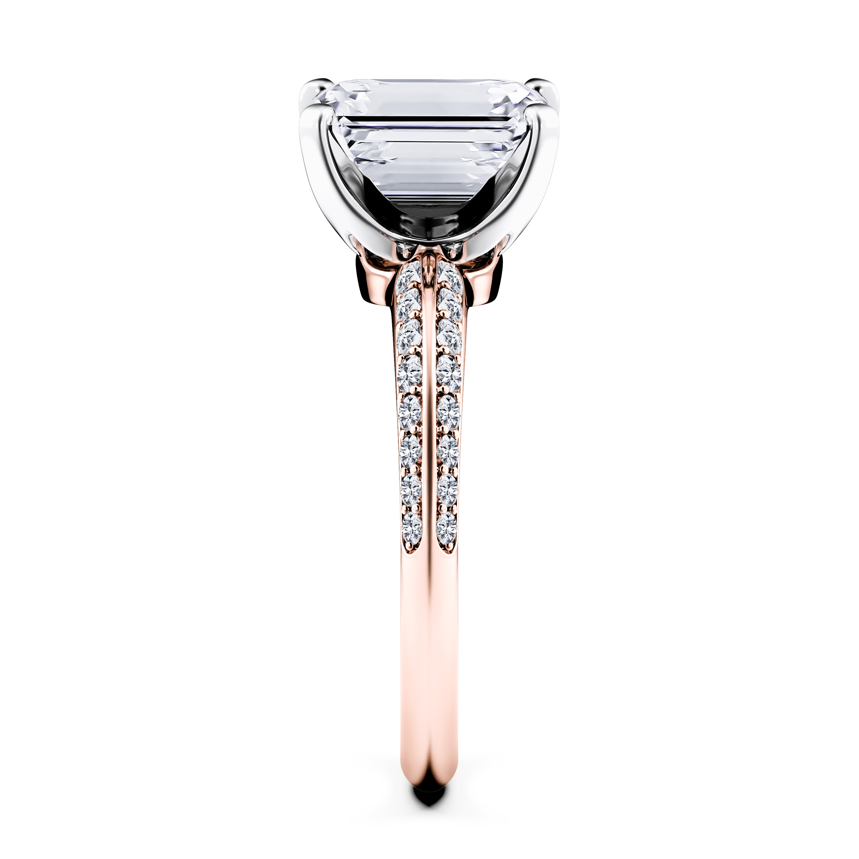 The Moon Ocean Side Stones Diamond Engagement Ring in 18ct Rose Gold with Emerald Centre Stone Alternate shot 3
