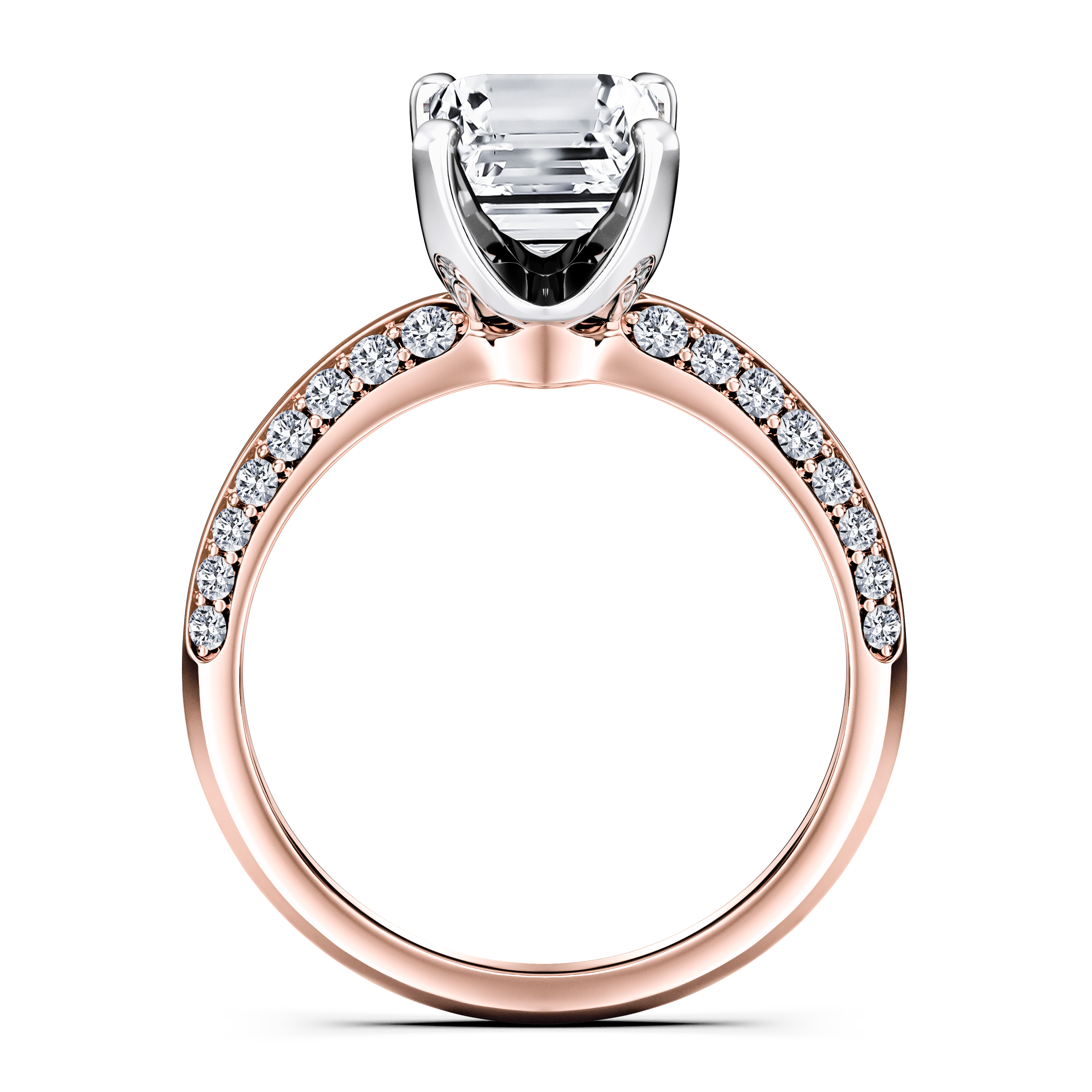 The Moon Ocean Side Stones Diamond Engagement Ring in 18ct Rose Gold with Emerald Centre Stone Alternate shot 4
