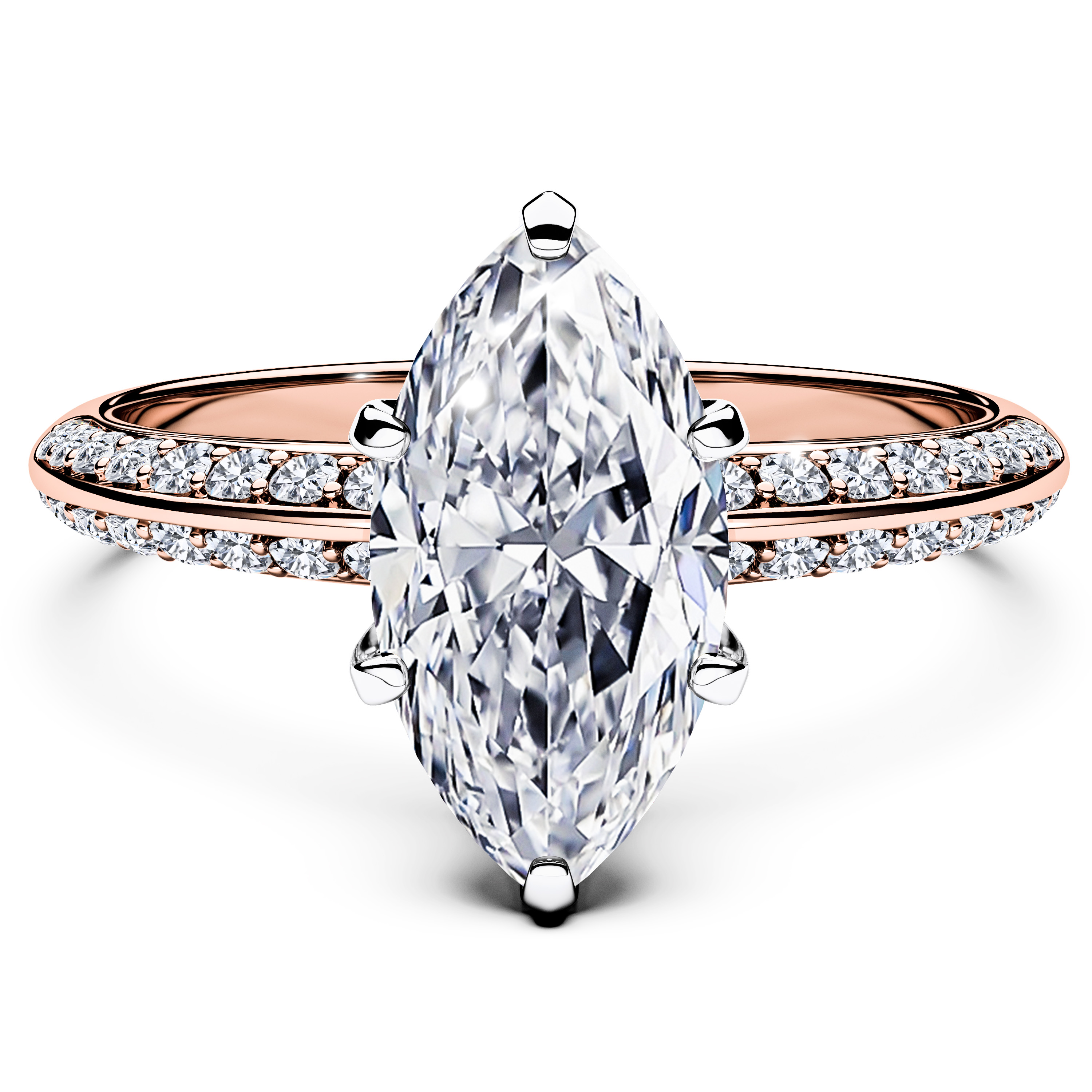 The Moon Ocean Side Stones Diamond Engagement Ring in 18ct Rose Gold with Marquise Centre Stone Alternate shot 2