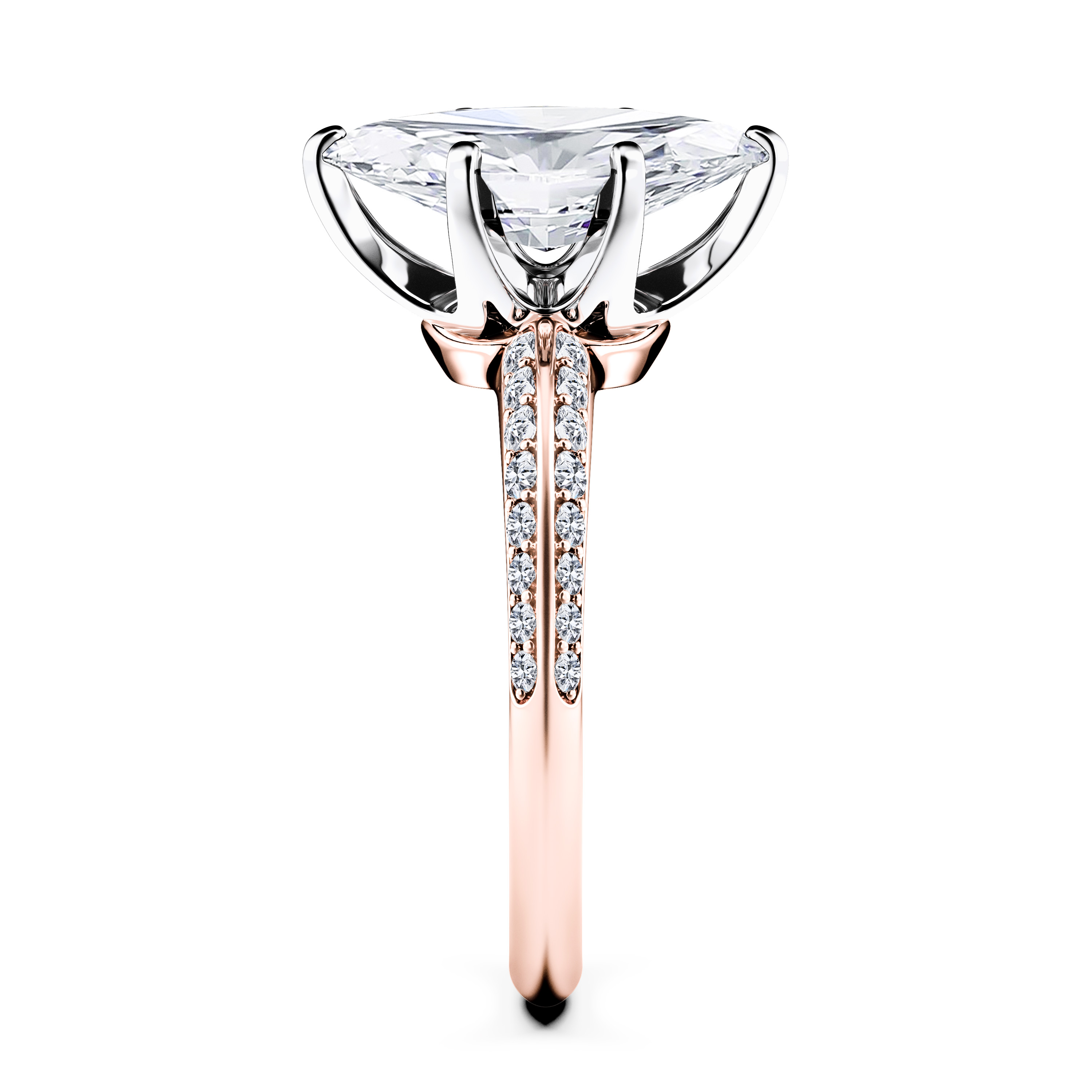 The Moon Ocean Side Stones Diamond Engagement Ring in 18ct Rose Gold with Marquise Centre Stone Alternate shot 3