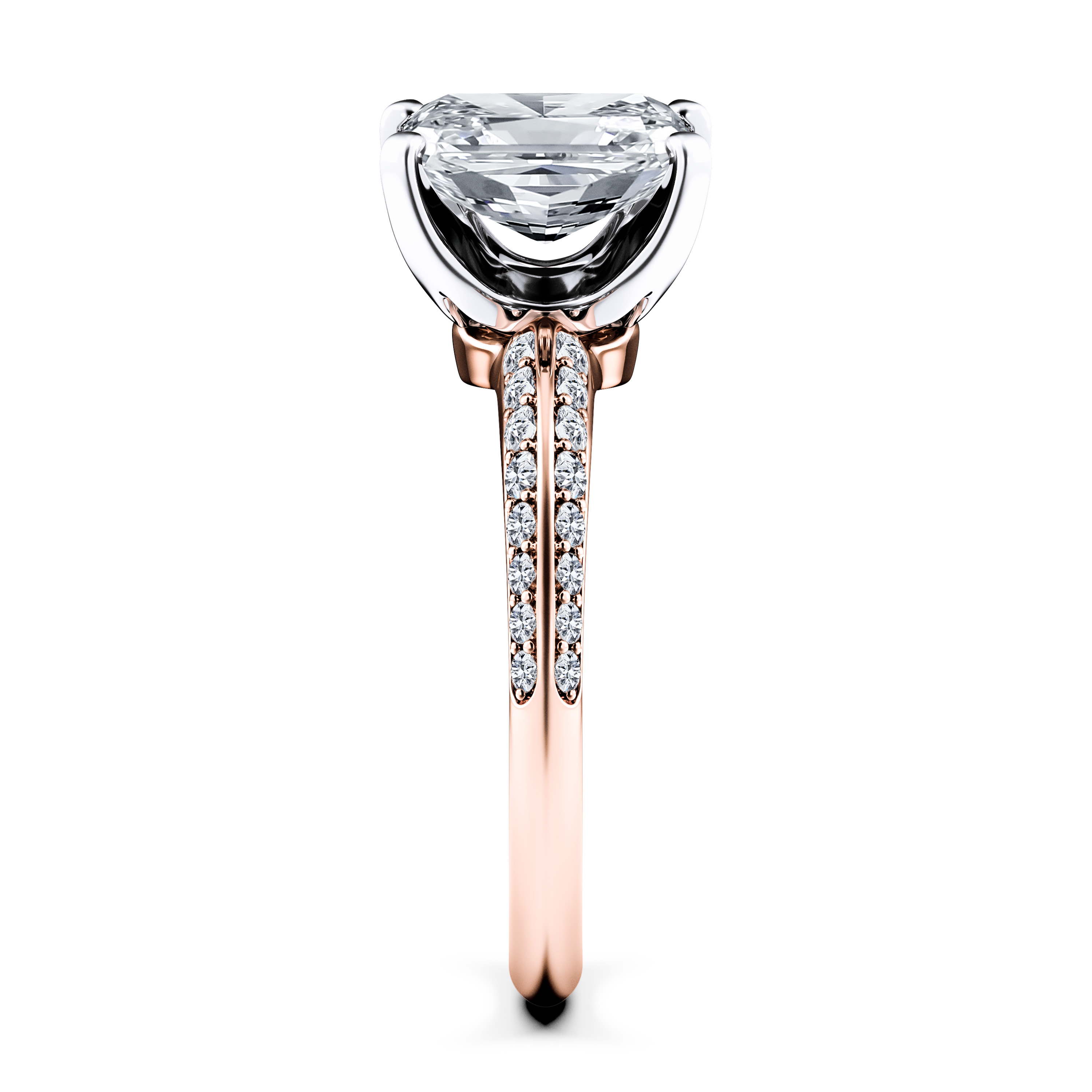 The Moon Ocean Side Stones Diamond Engagement Ring in 18ct Rose Gold with Radiant Centre Stone Alternate shot 3