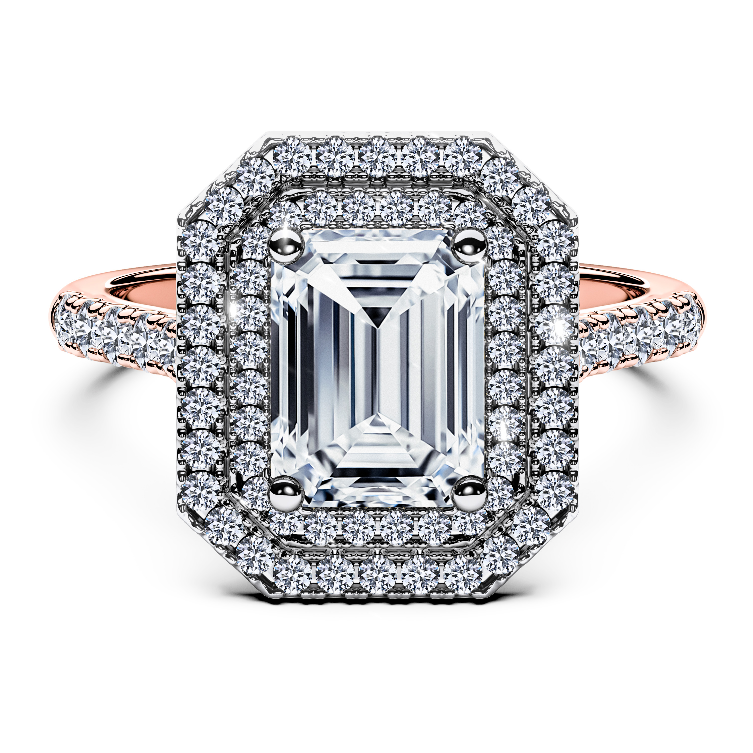 Celestial Halo Diamond Engagement Ring in 18ct Rose Gold with Emerald Centre Stone Alternate shot 2