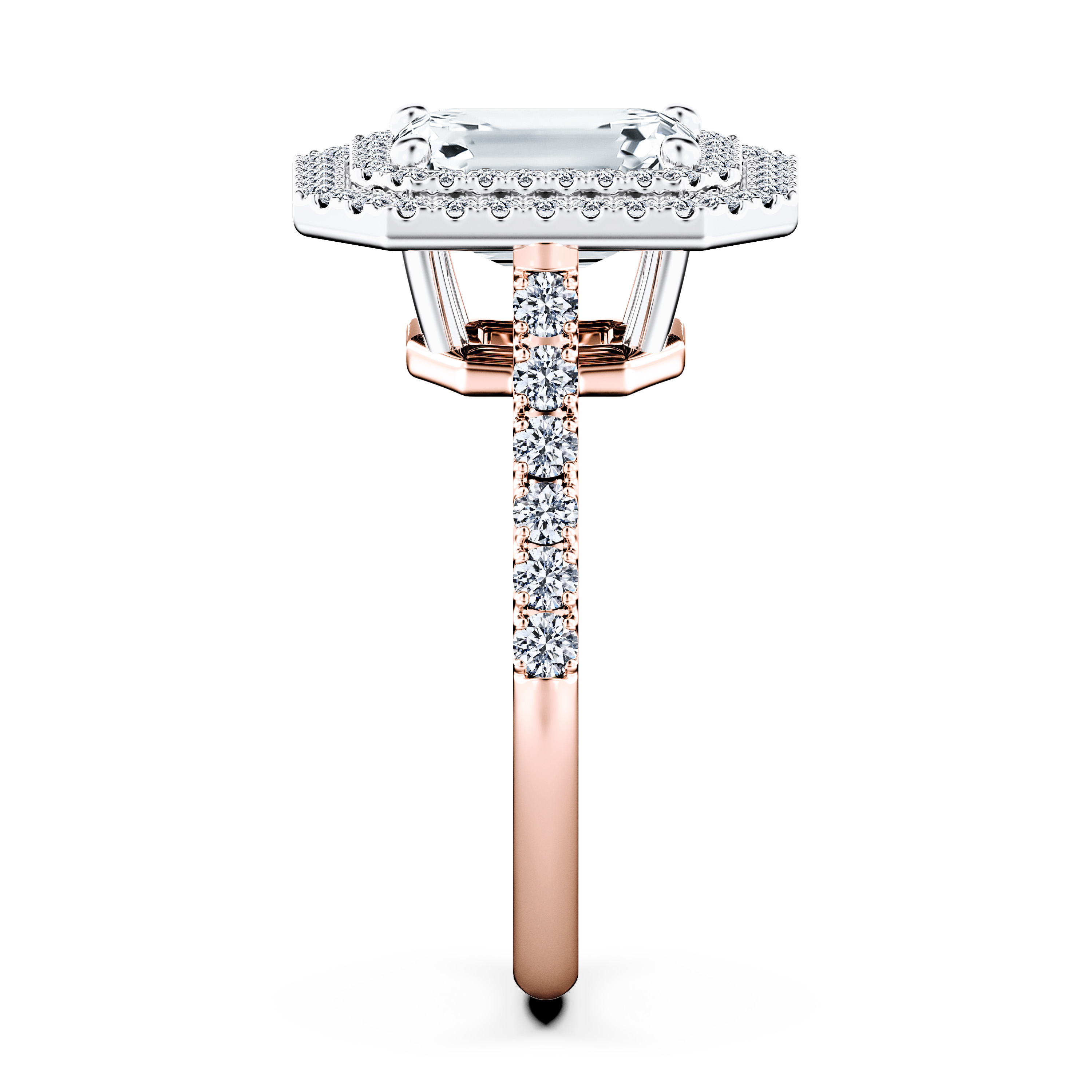 Celestial Halo Diamond Engagement Ring in 18ct Rose Gold with Emerald Centre Stone Alternate shot 3