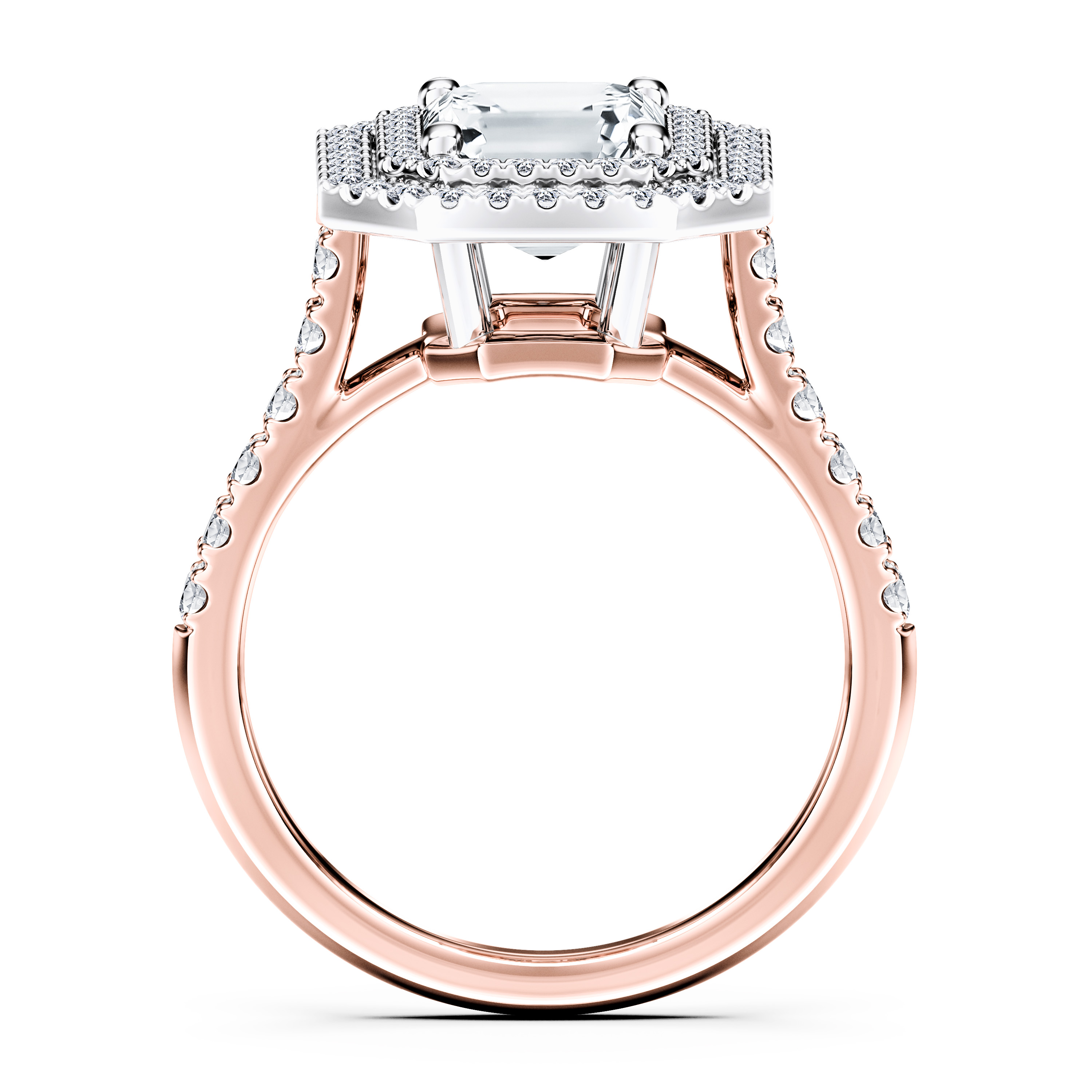 Celestial Halo Diamond Engagement Ring in 18ct Rose Gold with Emerald Centre Stone Alternate shot 4