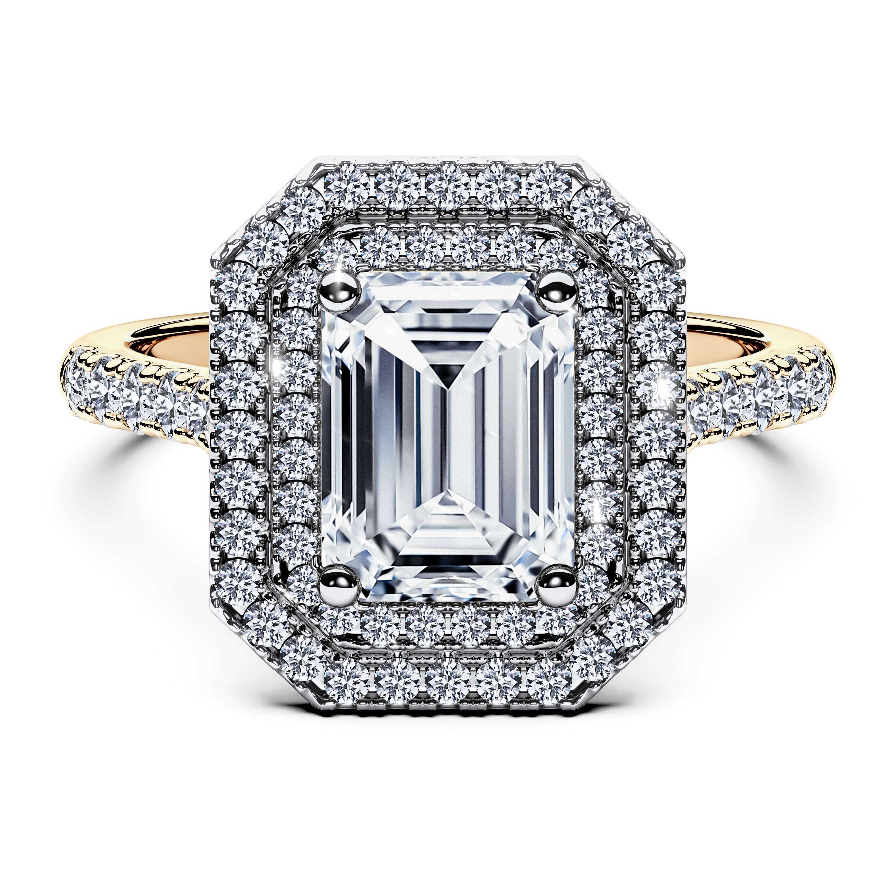 Celestial Halo Diamond Engagement Ring in 18ct Yellow Gold with Emerald Centre Stone Alternate shot 2