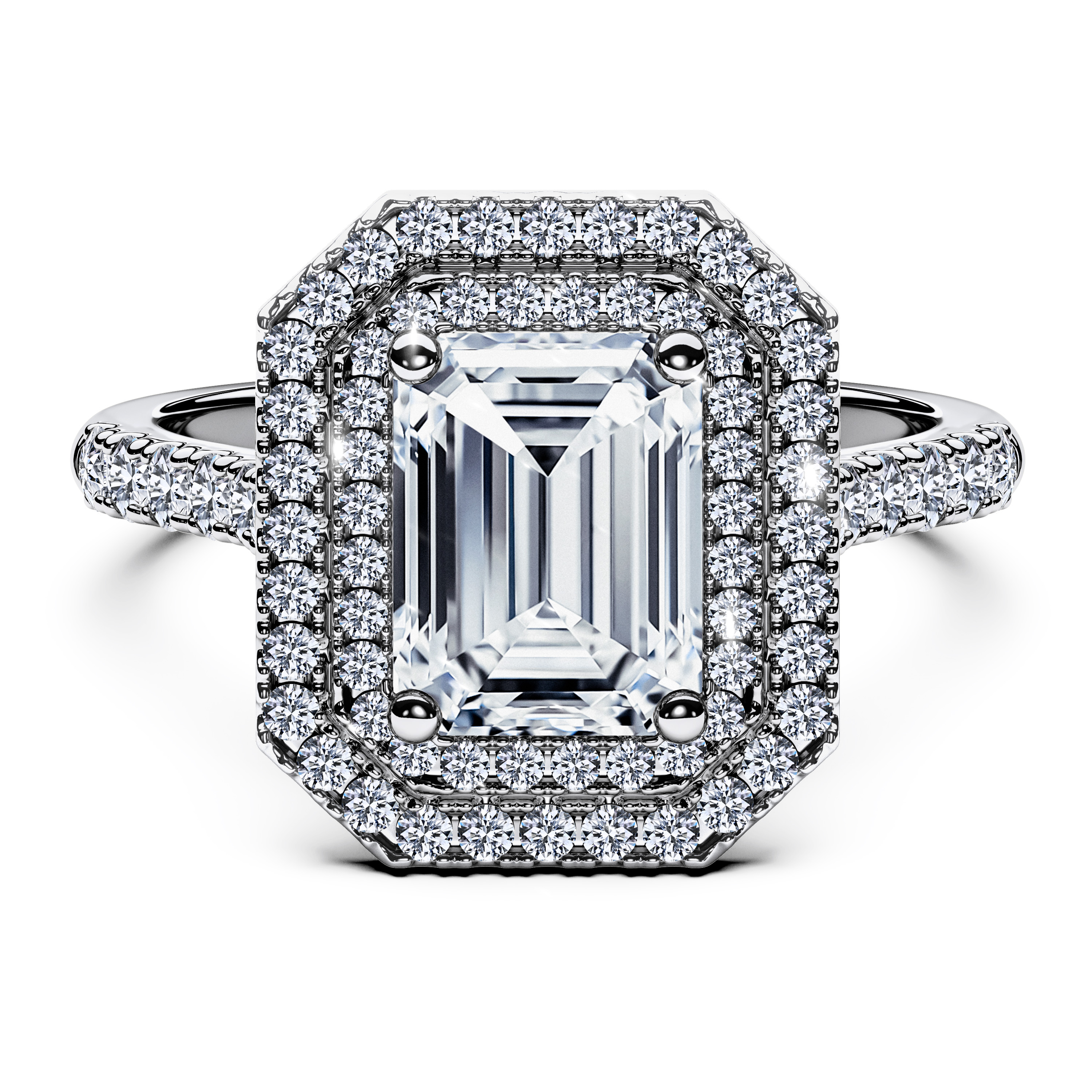 Halo, Platinum Diamond Engagement Ring Celestial Double Halo Ring Emerald