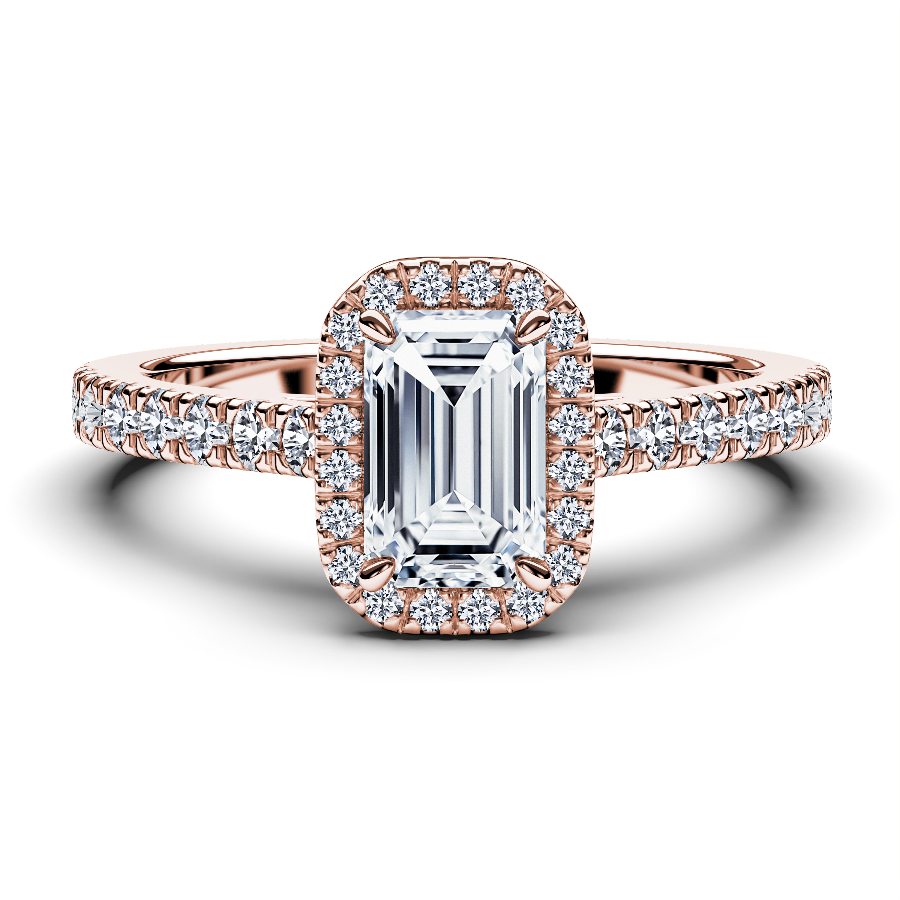 Halo, 18ct Rose Gold Diamond Engagement Ring Celestial Halo Modern Ring Emerald