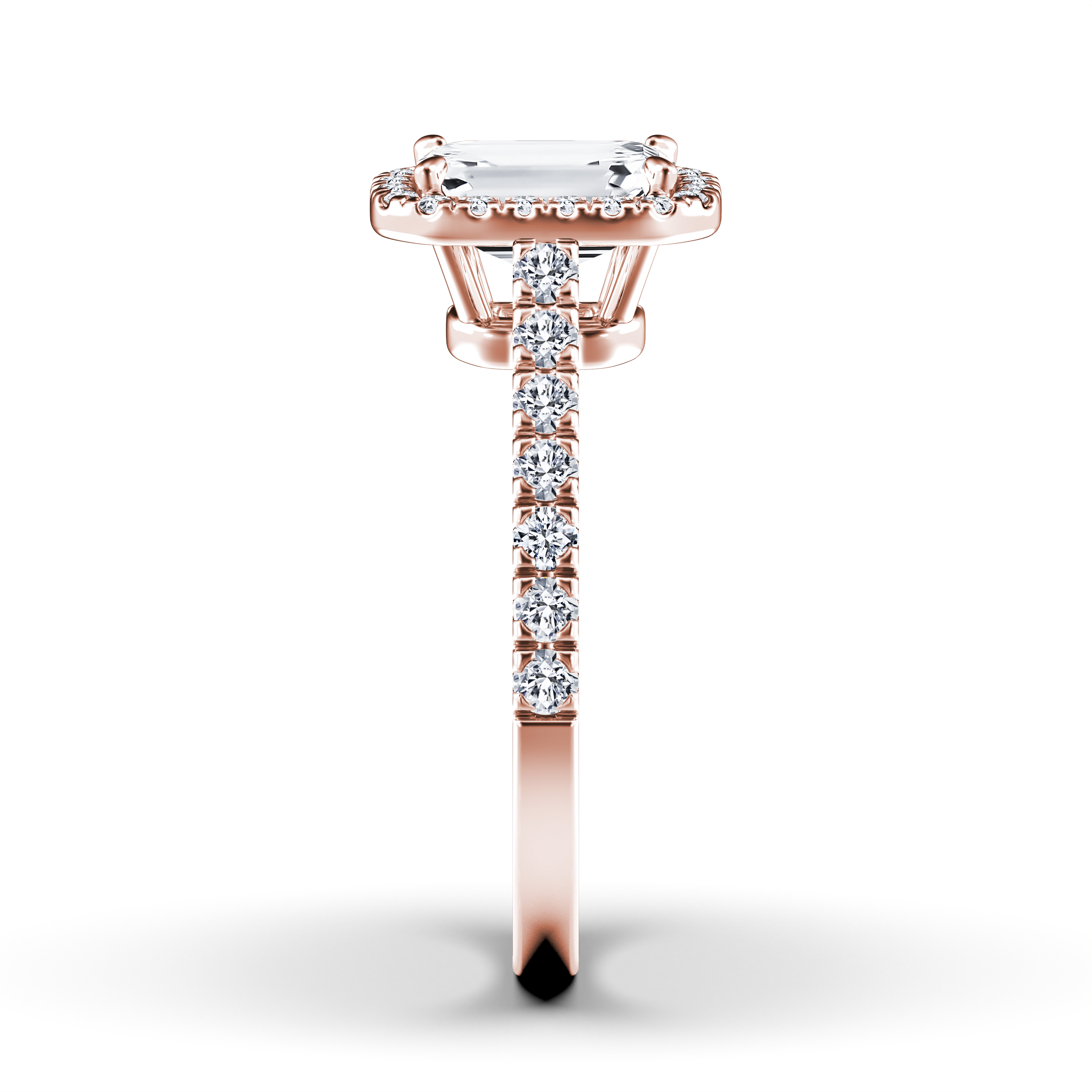Celestial Halo Diamond Engagement Ring in 18ct Rose Gold with Emerald Centre Stone Alternate shot 2