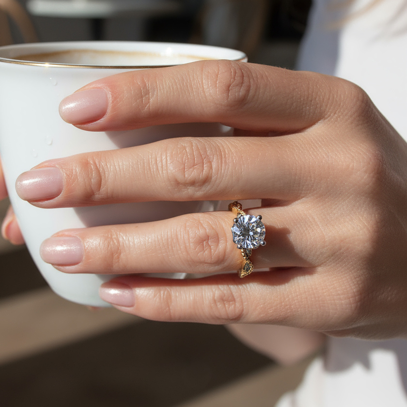 Etheral Vintage Diamond Engagement Ring in 18ct Yellow Gold with Round Centre Stone Alternate shot 5