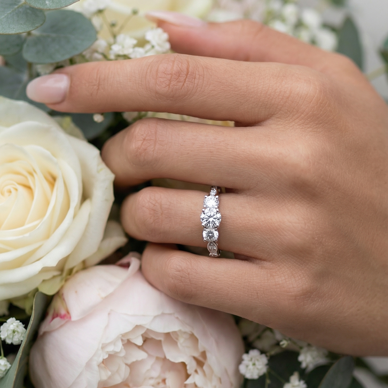 Pixie Three Stones Diamond Engagement Ring in Platinum with Round Centre Stone Alternate shot 5