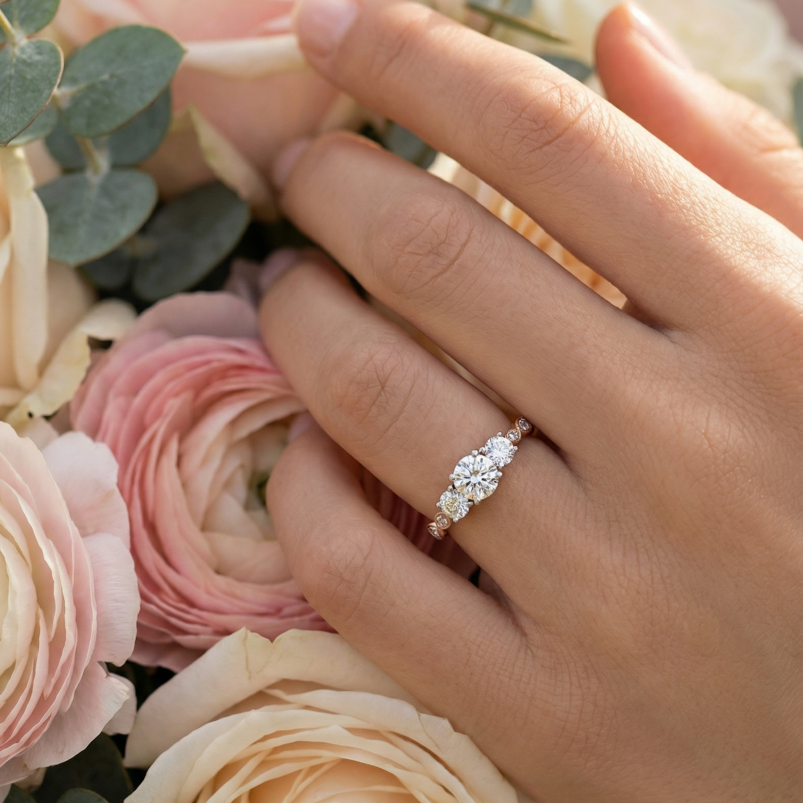 Pixie Three Stones Diamond Engagement Ring in 18ct Rose Gold with Round Centre Stone Alternate shot 5