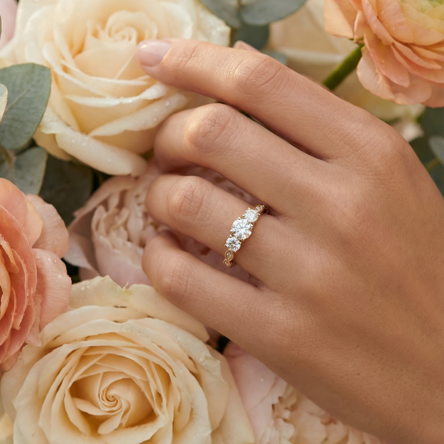 Pixie Three Stones Diamond Engagement Ring in 18ct Yellow Gold with Round Centre Stone Alternate shot 5