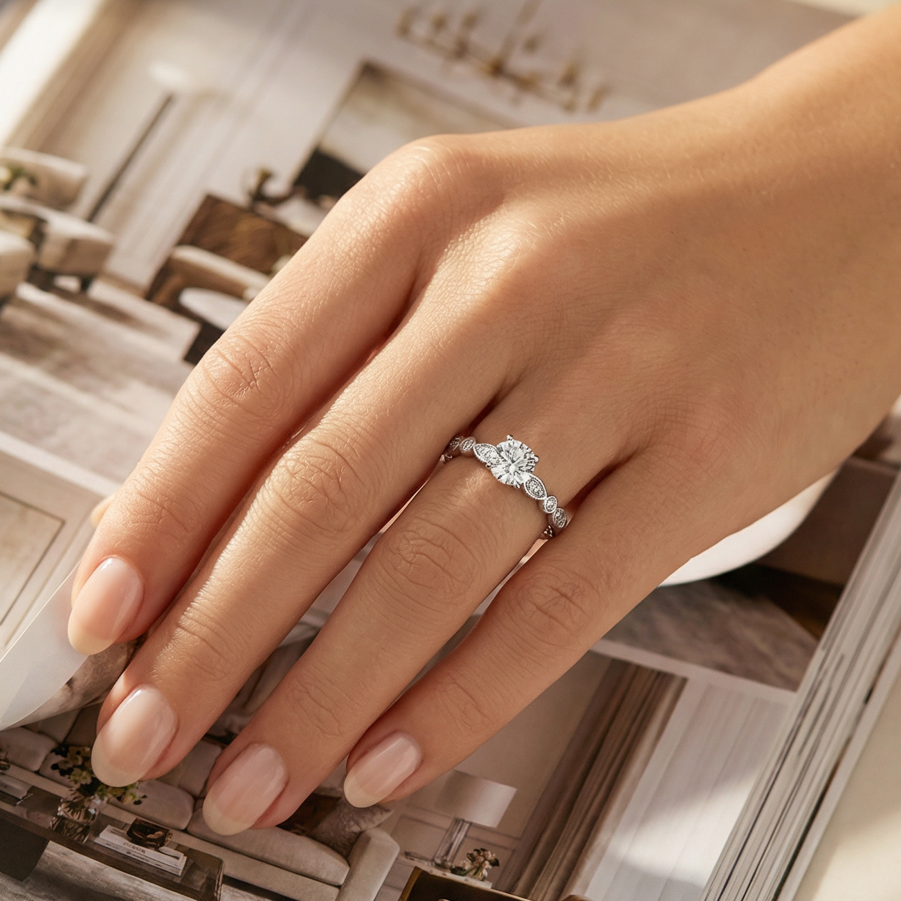 Pixie Side Stones Diamond Engagement Ring in Platinum with Round Centre Stone Alternate shot 5