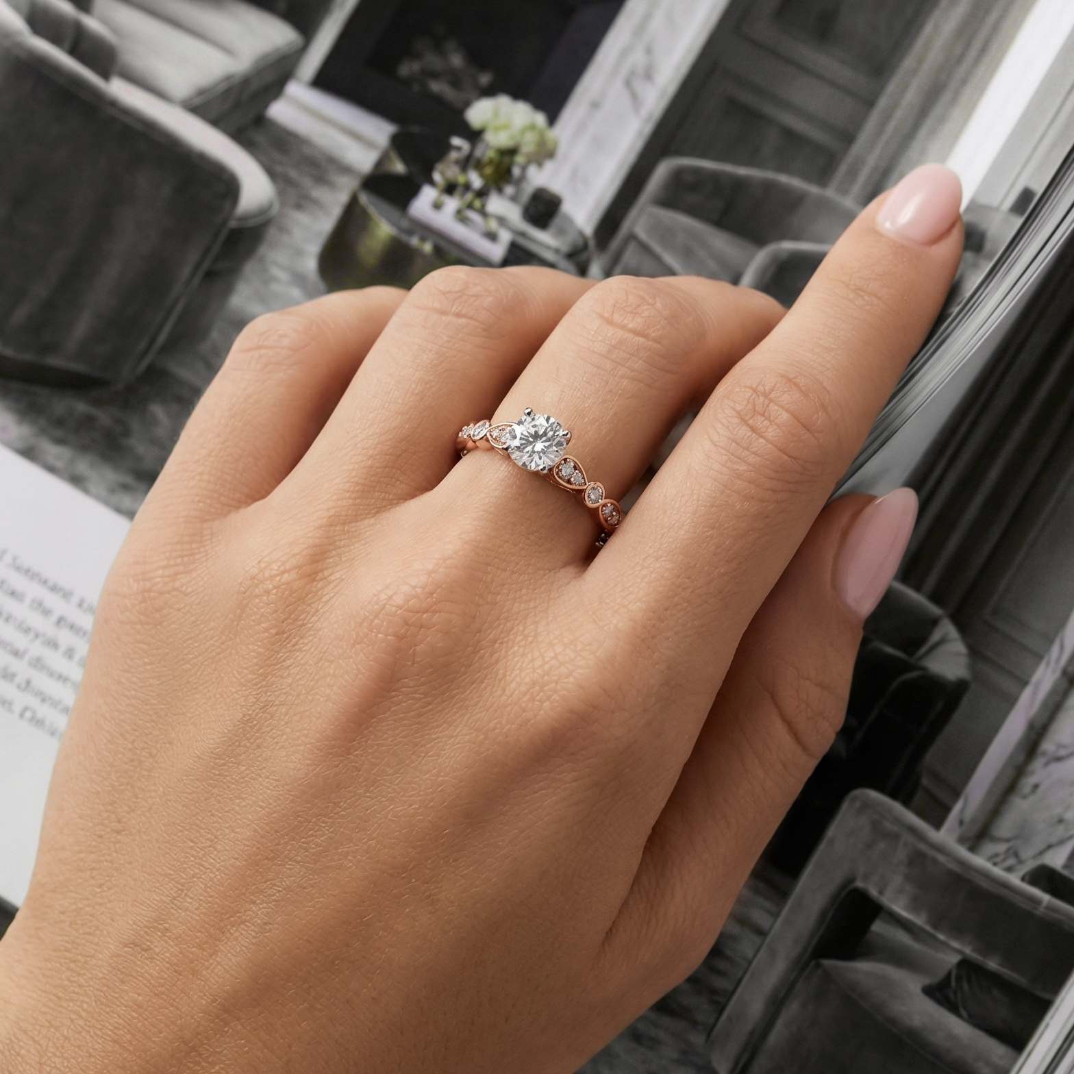 Pixie Side Stones Diamond Engagement Ring in 18ct Rose Gold with Round Centre Stone Alternate shot 5