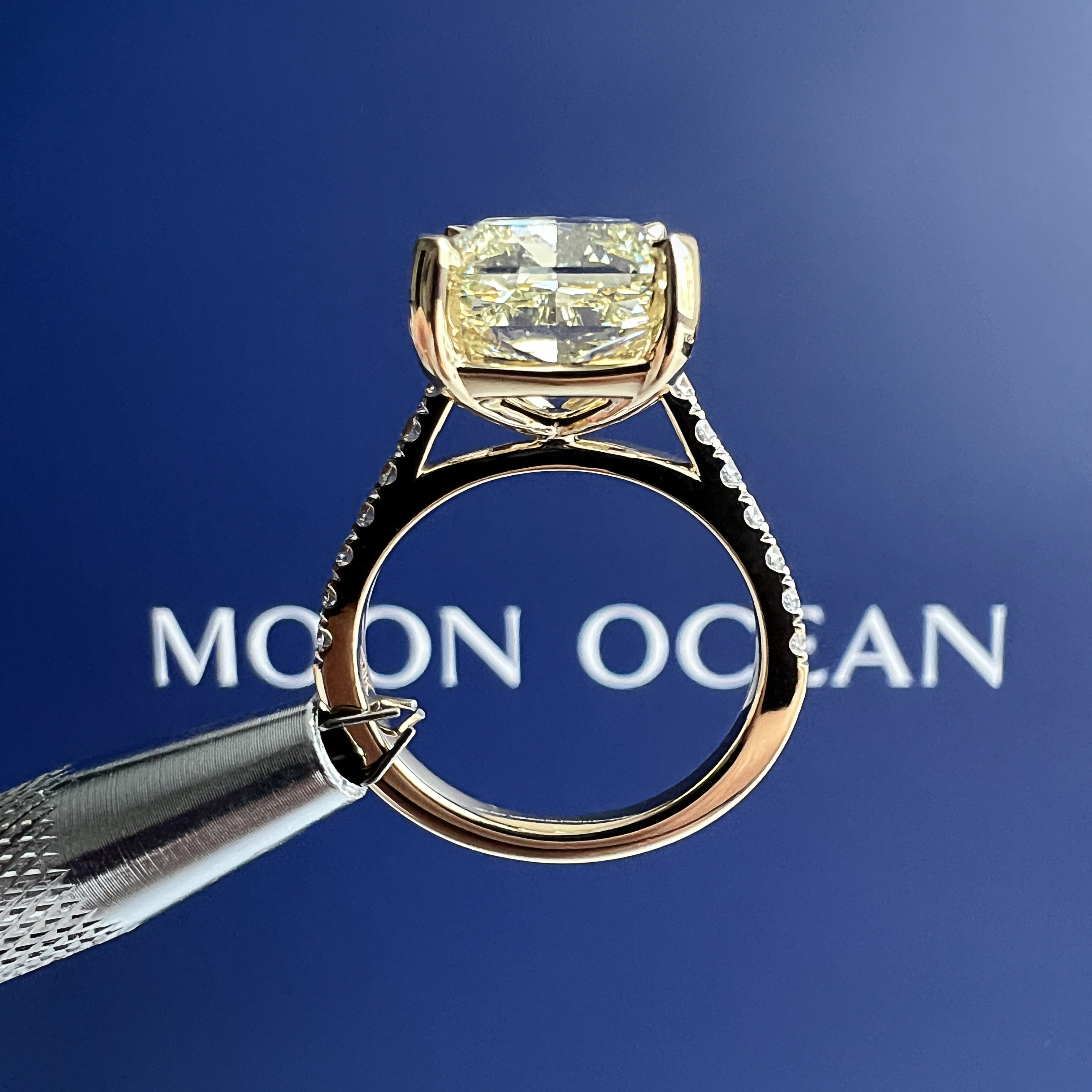 The Moon Ocean Side Stones Diamond Engagement Ring in 18ct Yellow Gold with Radiant Centre Stone Alternate shot 4