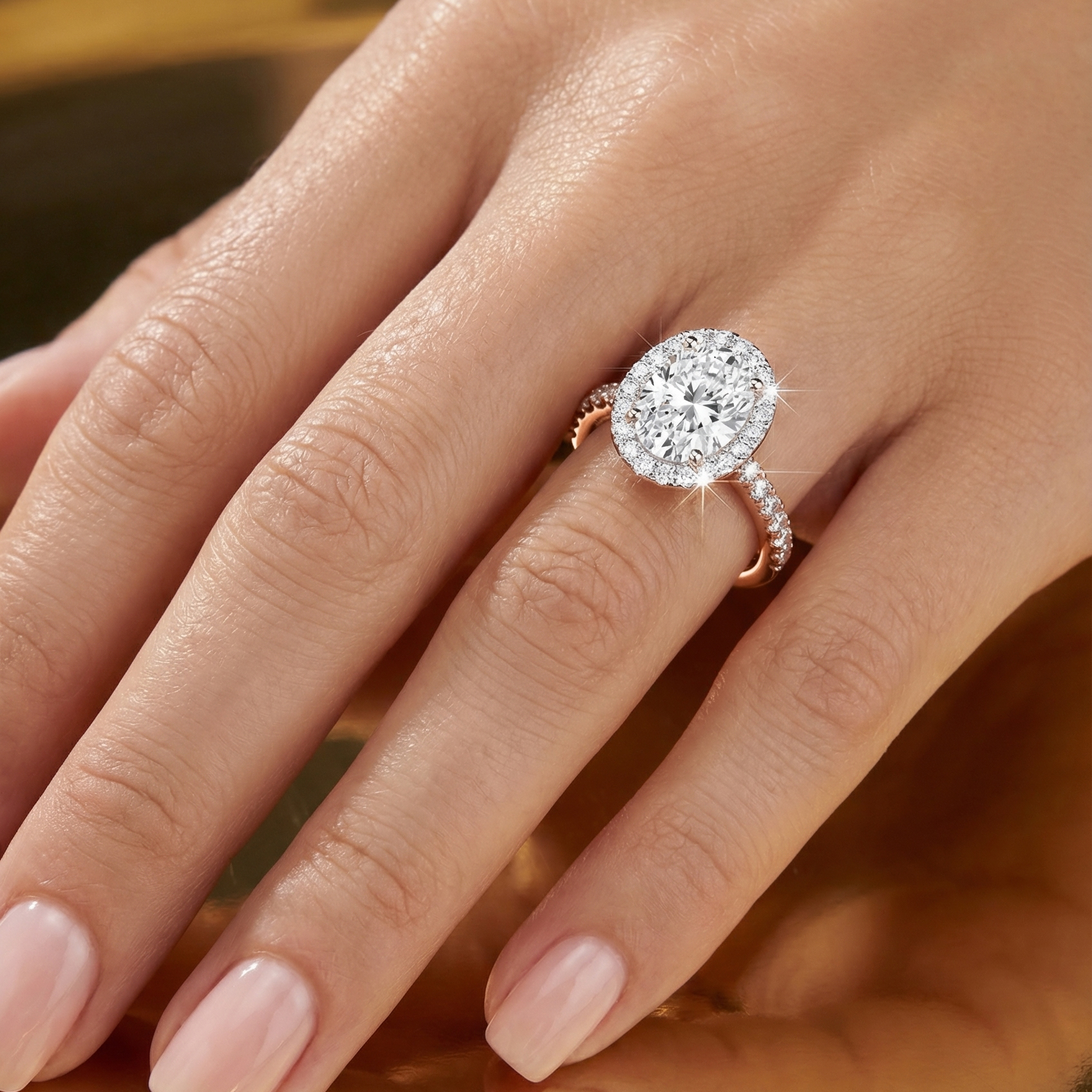 Celestial Halo Diamond Engagement Ring in 18ct Rose Gold with Oval Centre Stone Alternate shot 5