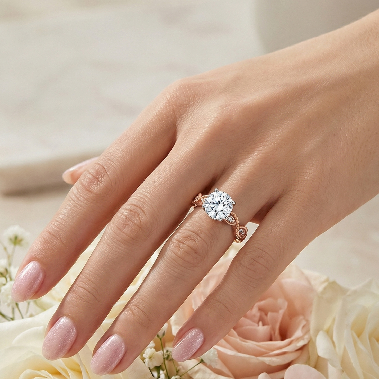 Etheral Vintage Diamond Engagement Ring in 18ct Rose Gold with Round Centre Stone Alternate shot 5