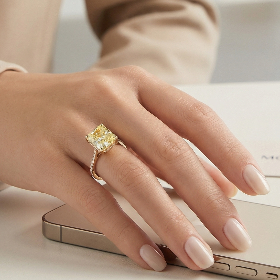 The Moon Ocean Side Stones Diamond Engagement Ring in 18ct Yellow Gold with Radiant Centre Stone Alternate shot 6