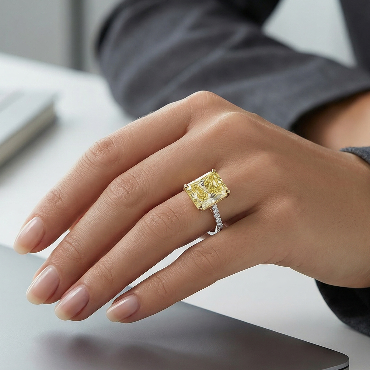 The Moon Ocean Side Stones Diamond Engagement Ring in Platinum with Radiant Centre Stone Alternate shot 4