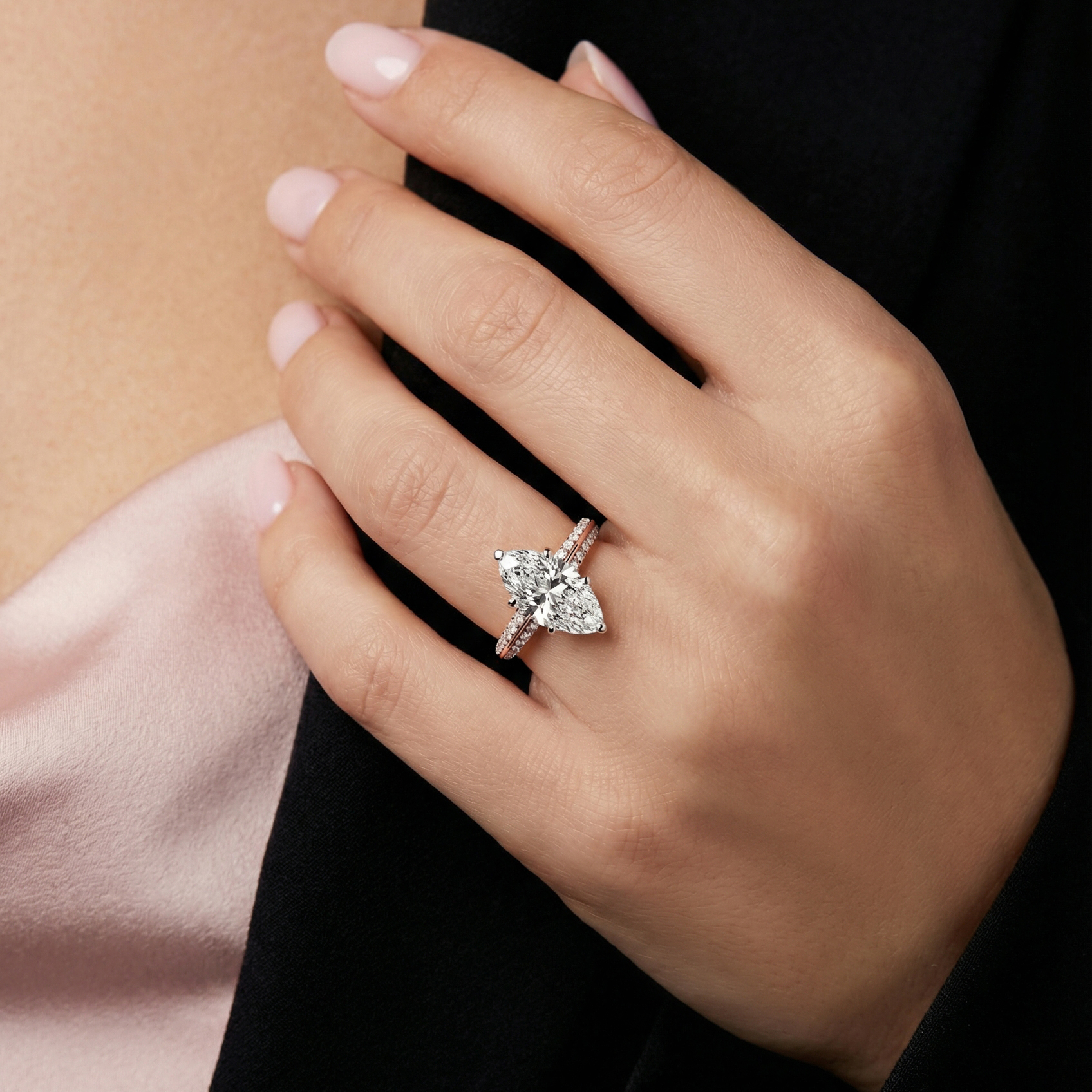 The Moon Ocean Side Stones Diamond Engagement Ring in 18ct Rose Gold with Marquise Centre Stone Alternate shot 5