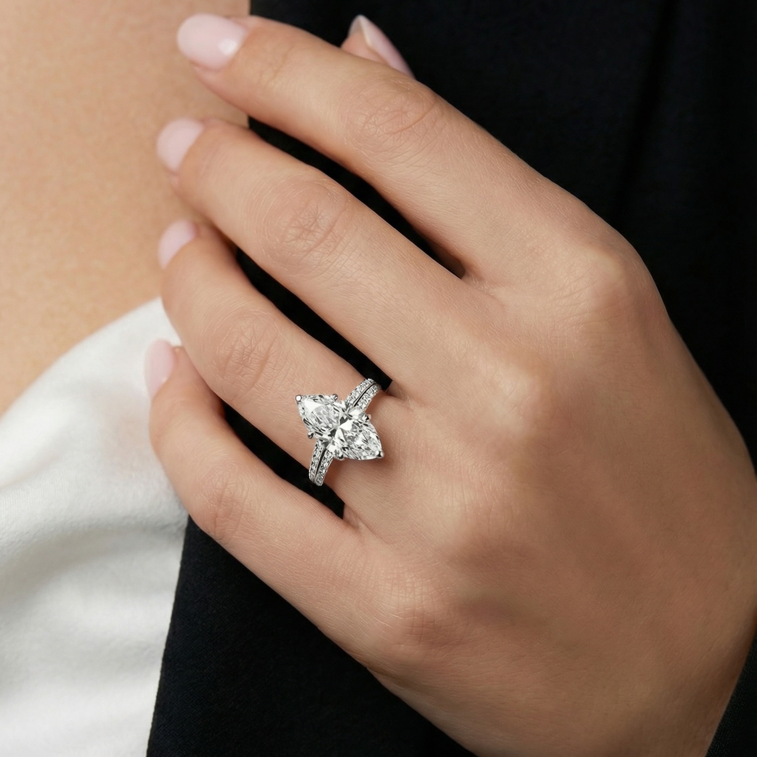 The Moon Ocean Side Stones Diamond Engagement Ring in 18ct White Gold with Marquise Centre Stone Alternate shot 5