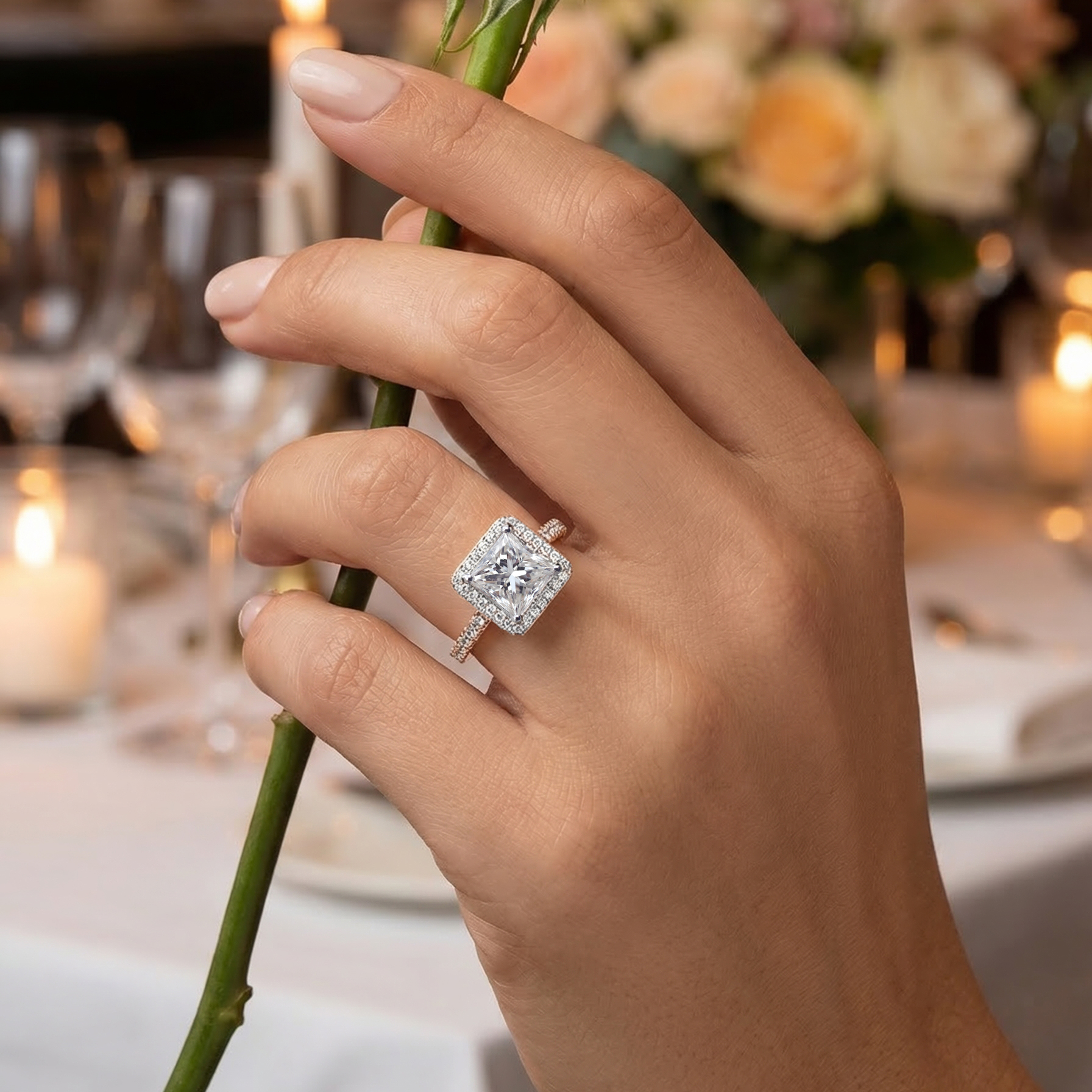 Celestial Halo Diamond Engagement Ring in 18ct Rose Gold with Princess Centre Stone Alternate shot 5