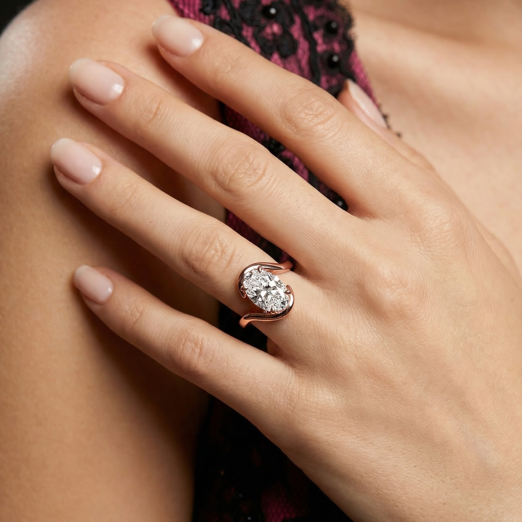 Etheral Solitaire Diamond Engagement Ring in 18ct Rose Gold with Oval Centre Stone Alternate shot 4