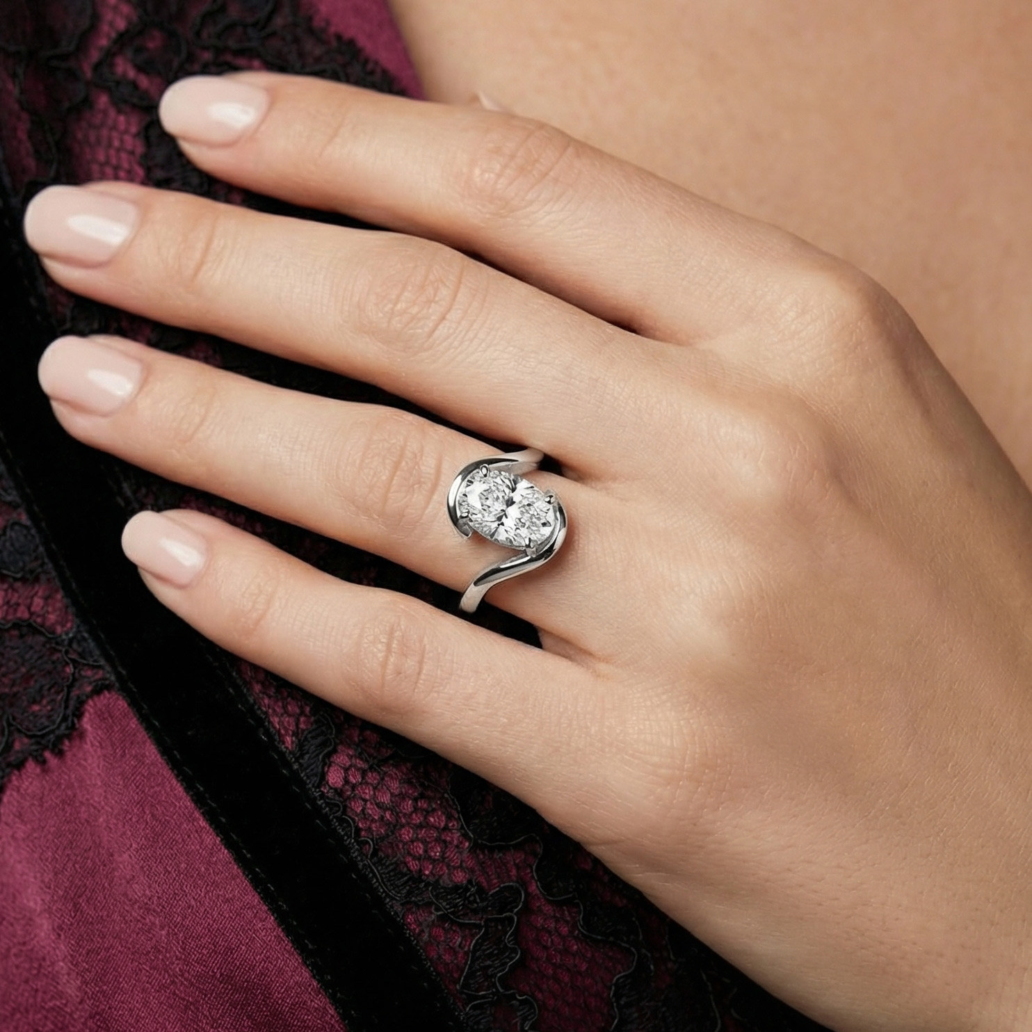 Etheral Solitaire Diamond Engagement Ring in 18ct White Gold with Oval Centre Stone Alternate shot 4