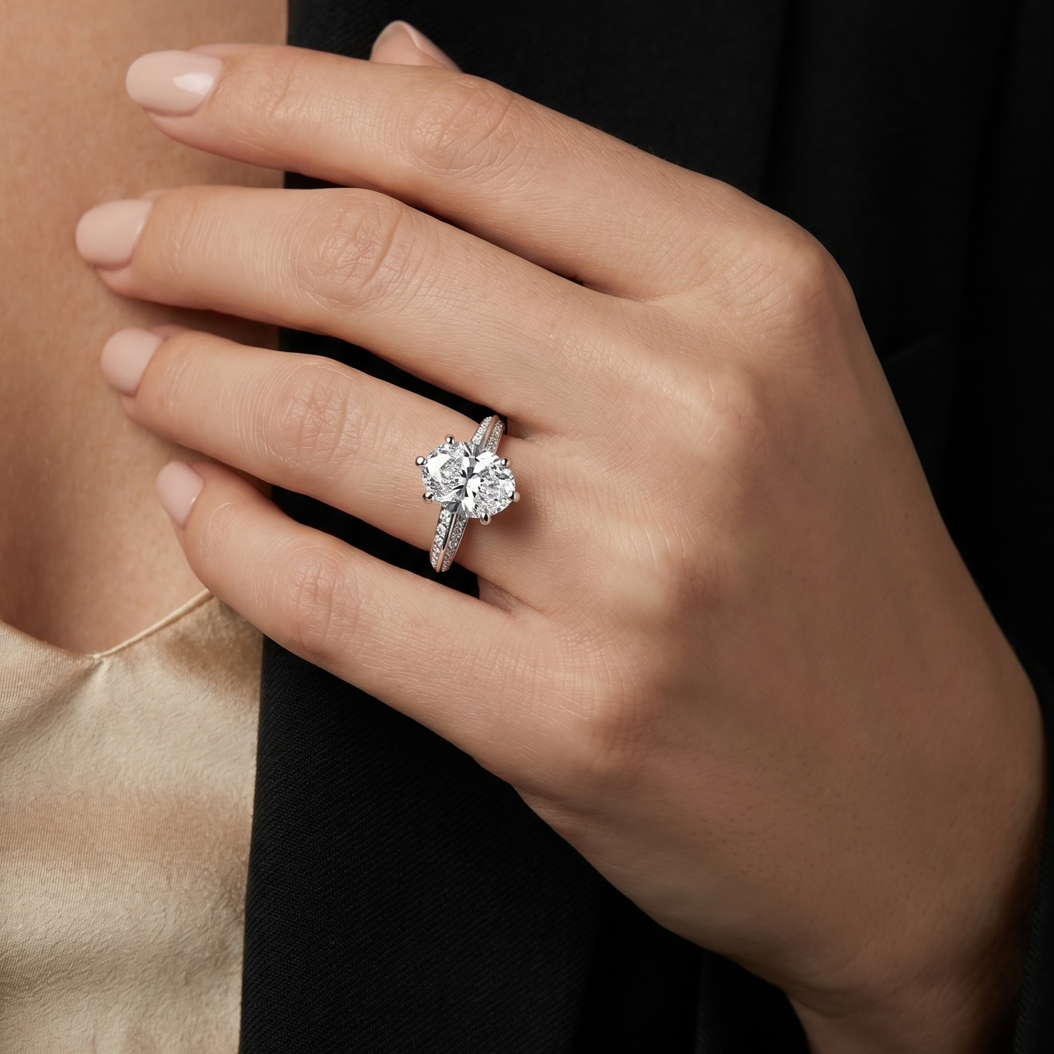 The Moon Ocean Side Stones Diamond Engagement Ring in Platinum with Oval Centre Stone Alternate shot 5