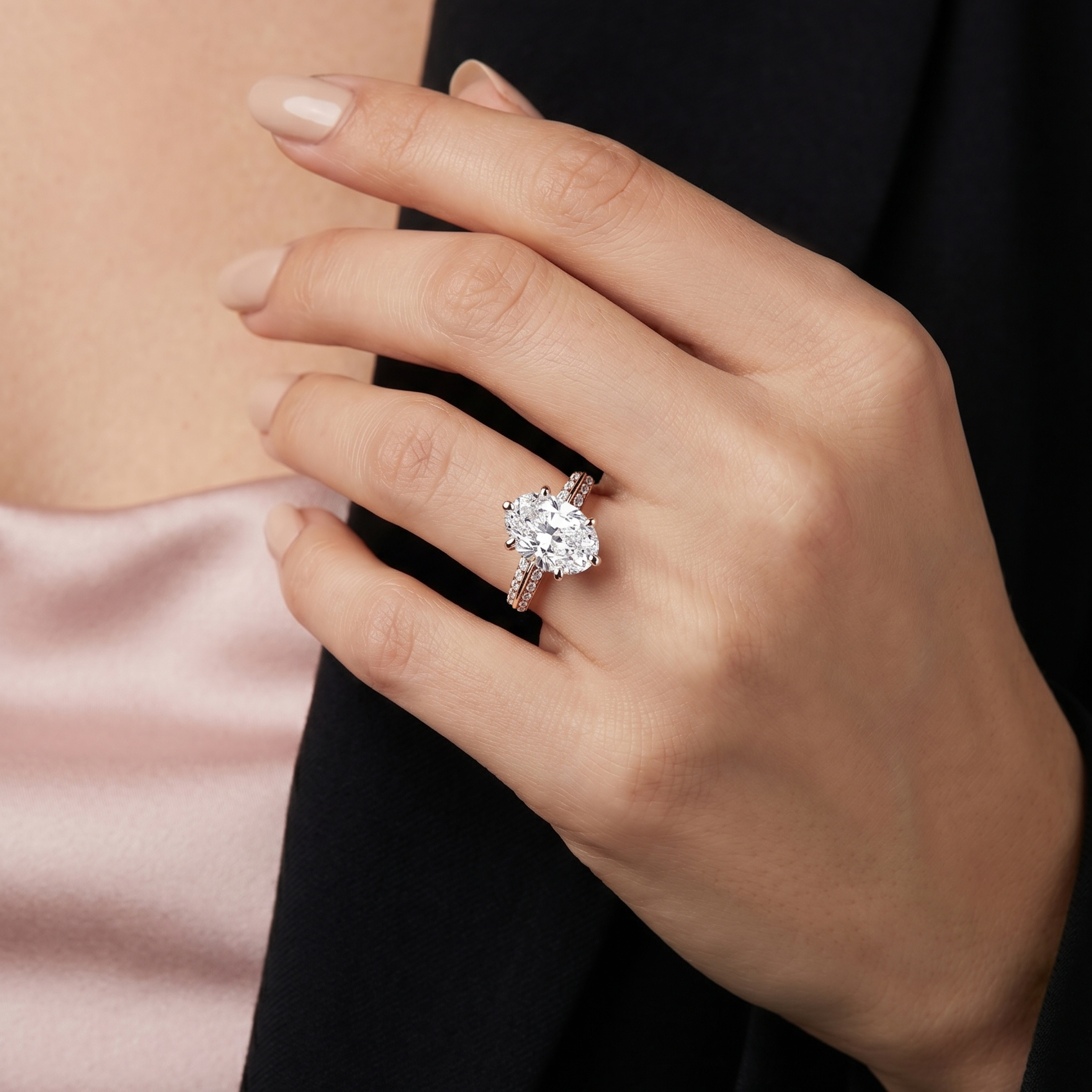 The Moon Ocean Side Stones Diamond Engagement Ring in 18ct Rose Gold with Oval Centre Stone Alternate shot 5