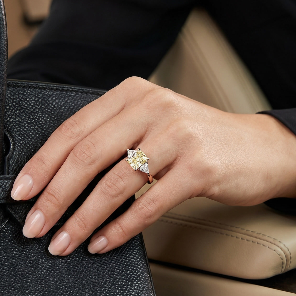 The Moon Ocean Three Stones Diamond Engagement Ring in 18ct Rose Gold with Radiant Centre Stone Alternate shot 4