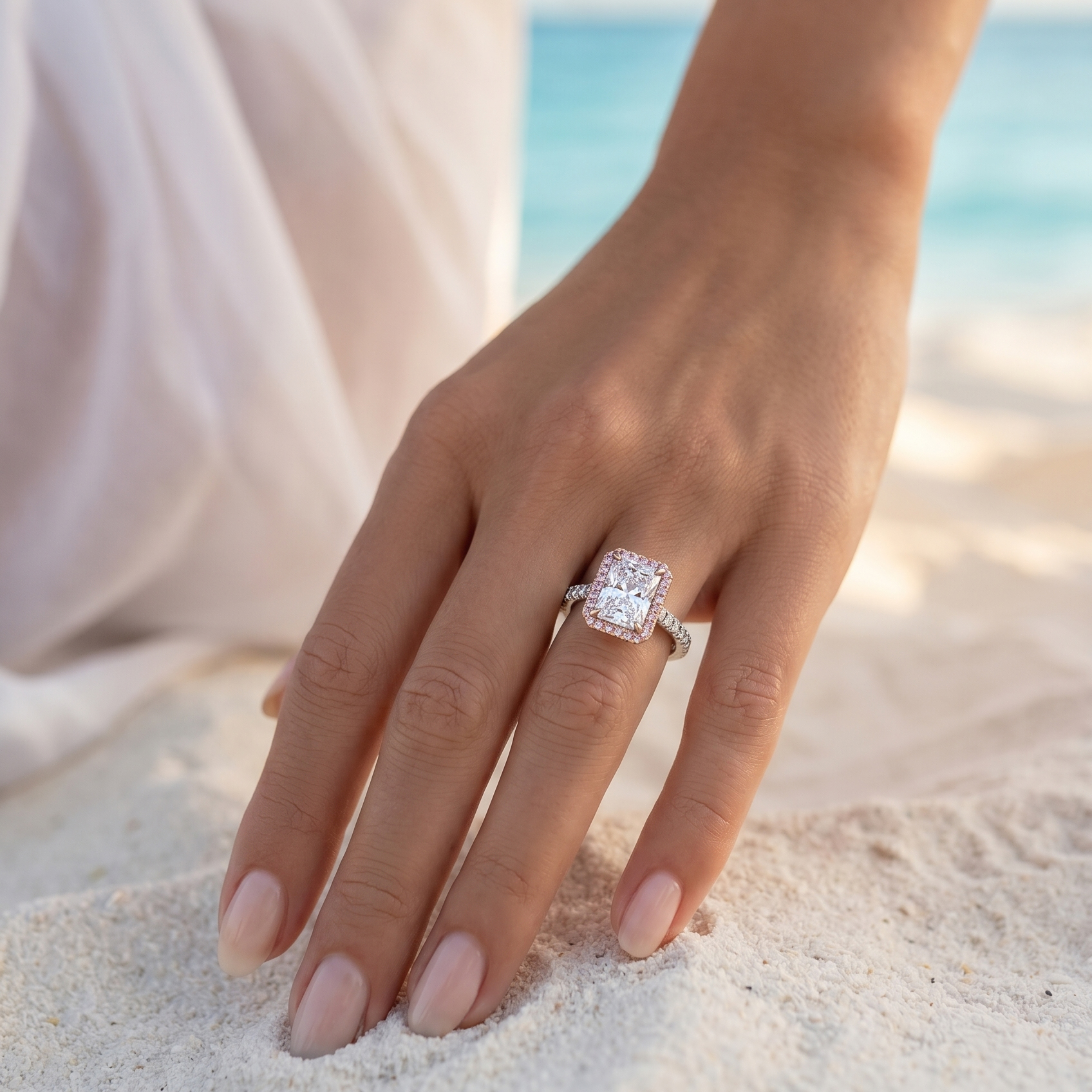 Celestial Halo Diamond Engagement Ring in 18ct White Gold with Radiant Centre Stone Alternate shot 3