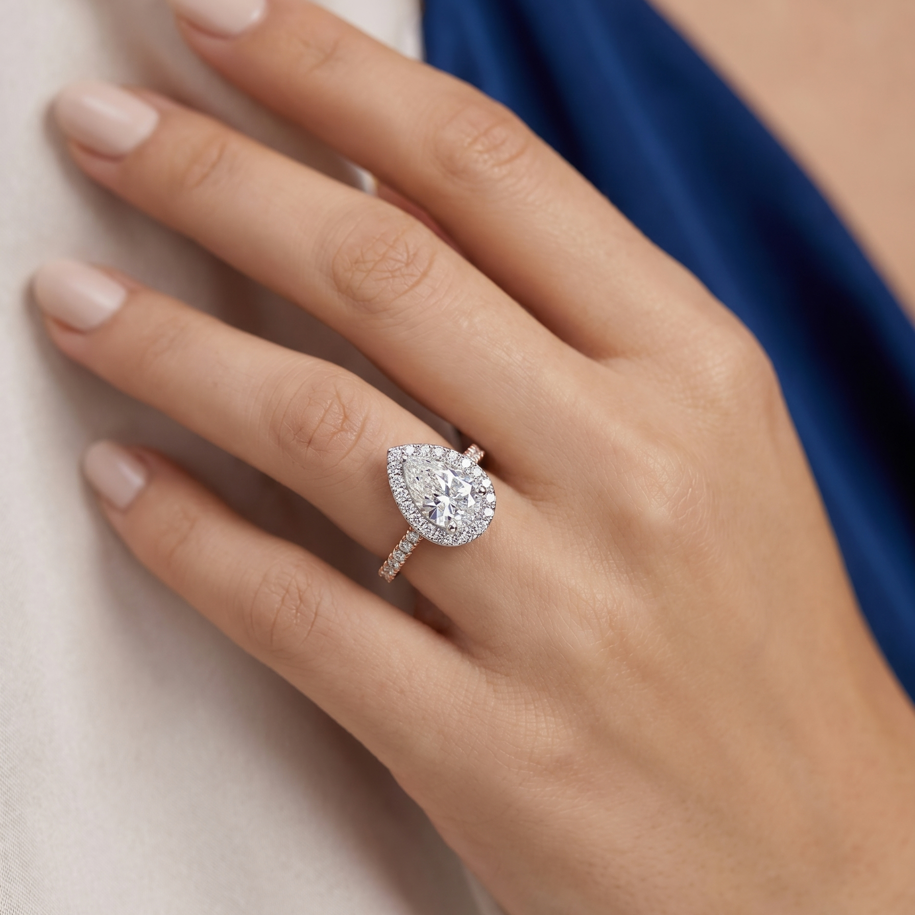 Celestial Halo Diamond Engagement Ring in 18ct Rose Gold with Pear Centre Stone Alternate shot 5