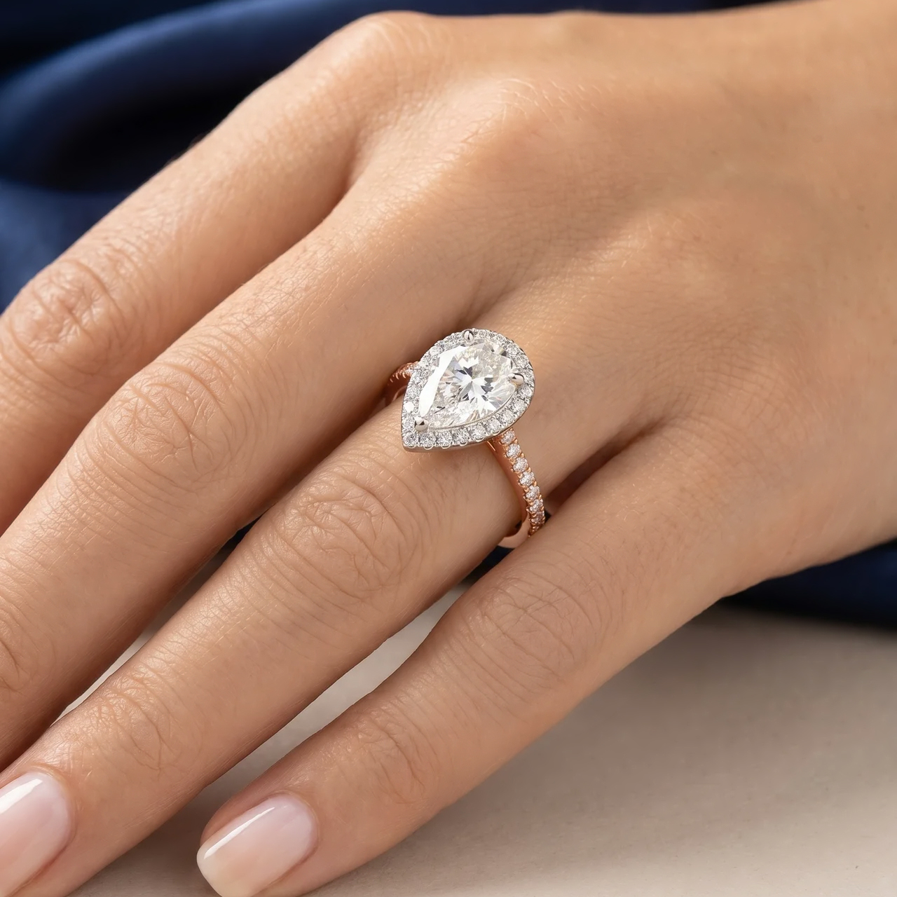 Celestial Halo Diamond Engagement Ring in 18ct Rose Gold with Pear Centre Stone Alternate shot 6