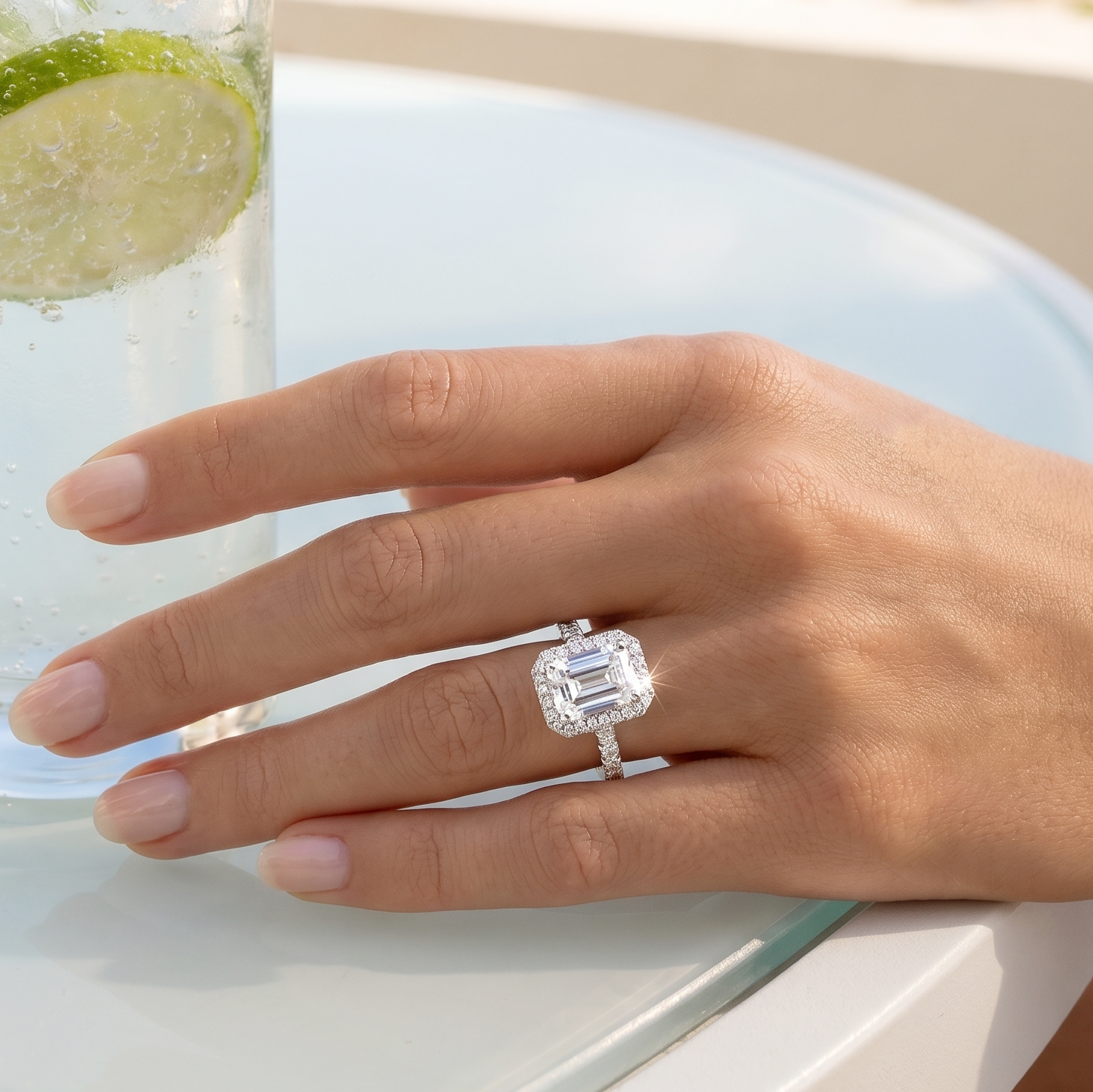 Celestial Halo Diamond Engagement Ring in 18ct White Gold with Emerald Centre Stone Alternate shot 5