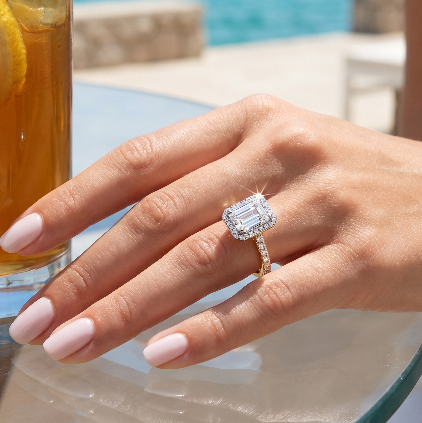 Celestial Halo Diamond Engagement Ring in 18ct Yellow Gold with Emerald Centre Stone Alternate shot 5
