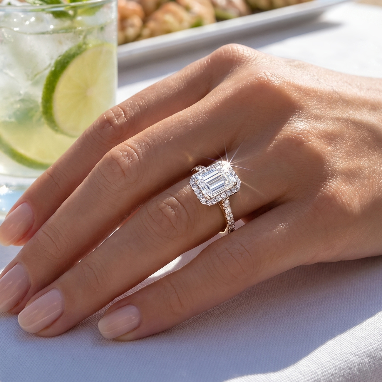 Celestial Halo Diamond Engagement Ring in 18ct Rose Gold with Emerald Centre Stone Alternate shot 5
