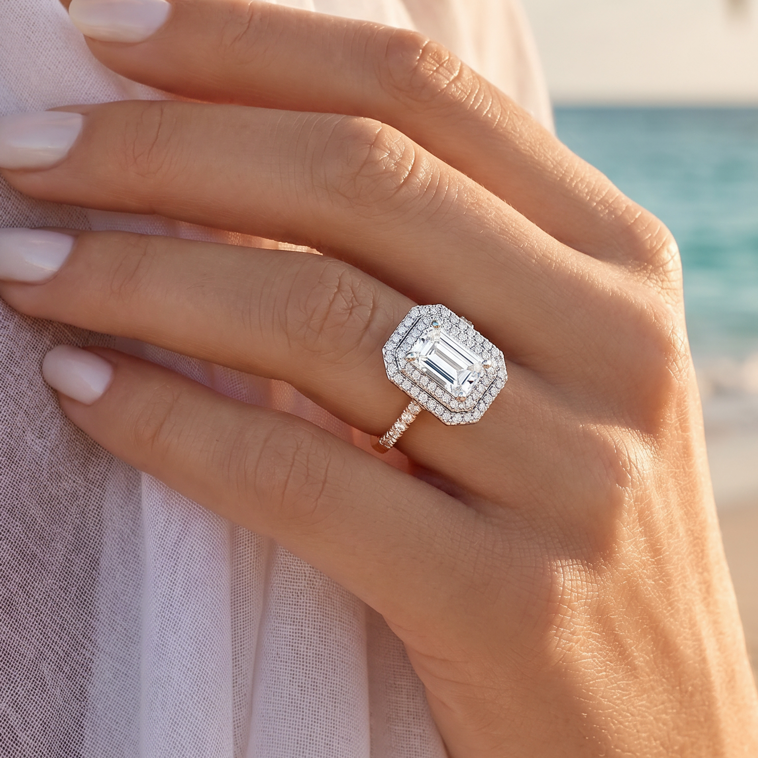 Celestial Halo Diamond Engagement Ring in 18ct Rose Gold with Emerald Centre Stone Alternate shot 5