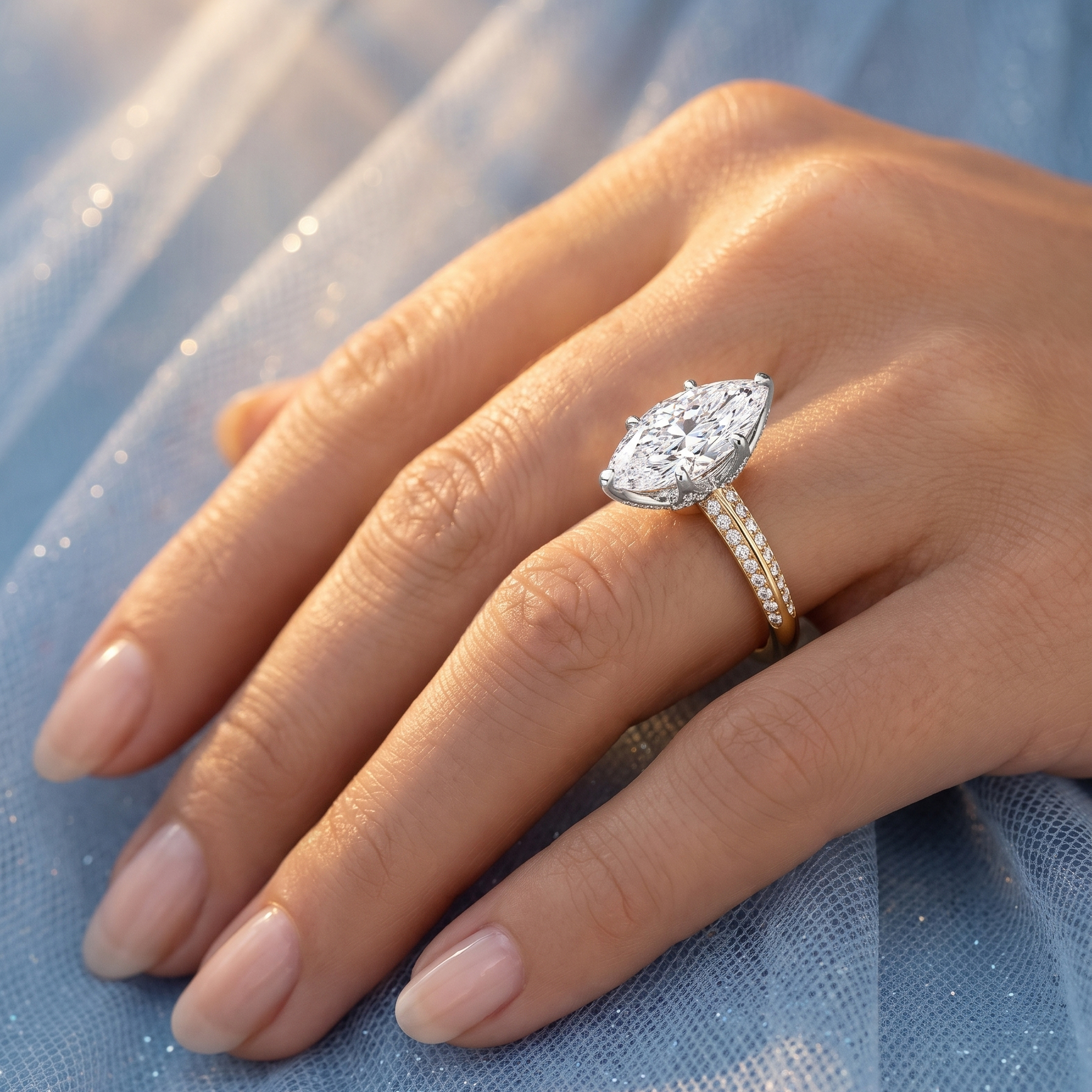 The Moon Ocean Side Stones Diamond Engagement Ring in 18ct Yellow Gold with Marquise Centre Stone Alternate shot 5