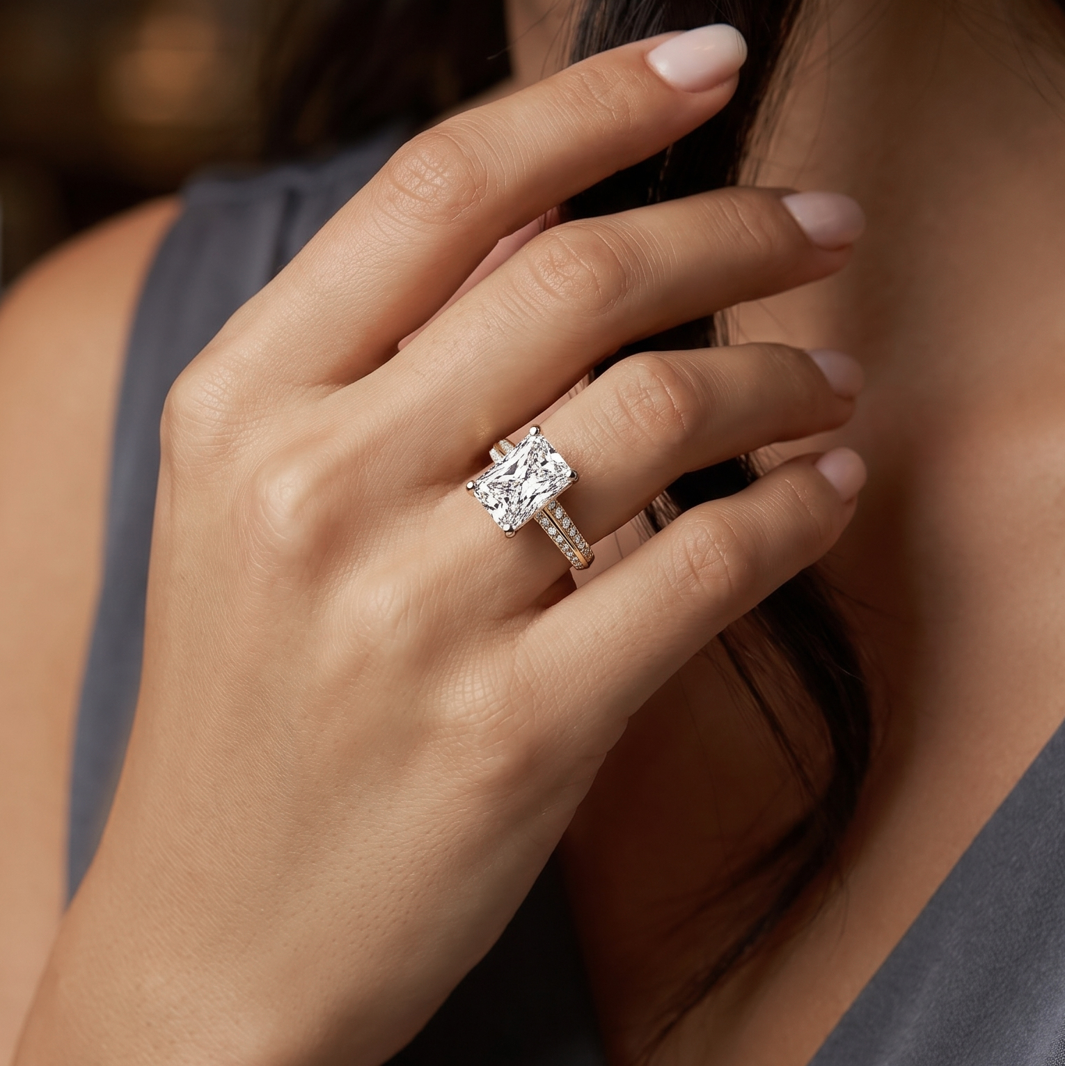 The Moon Ocean Side Stones Diamond Engagement Ring in 18ct Yellow Gold with Radiant Centre Stone Alternate shot 5
