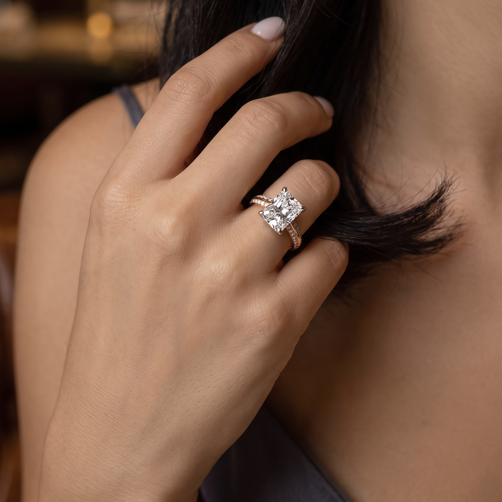 The Moon Ocean Side Stones Diamond Engagement Ring in 18ct Rose Gold with Radiant Centre Stone Alternate shot 5