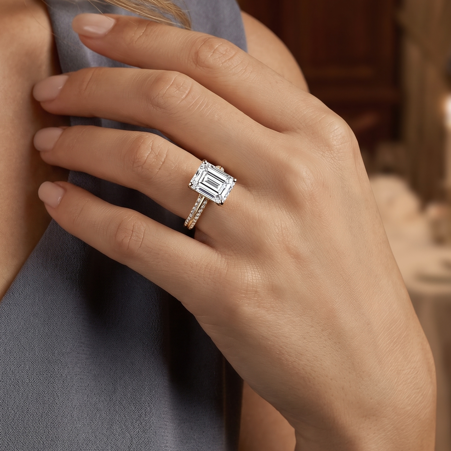 The Moon Ocean Side Stones Diamond Engagement Ring in 18ct Yellow Gold with Emerald Centre Stone Alternate shot 5