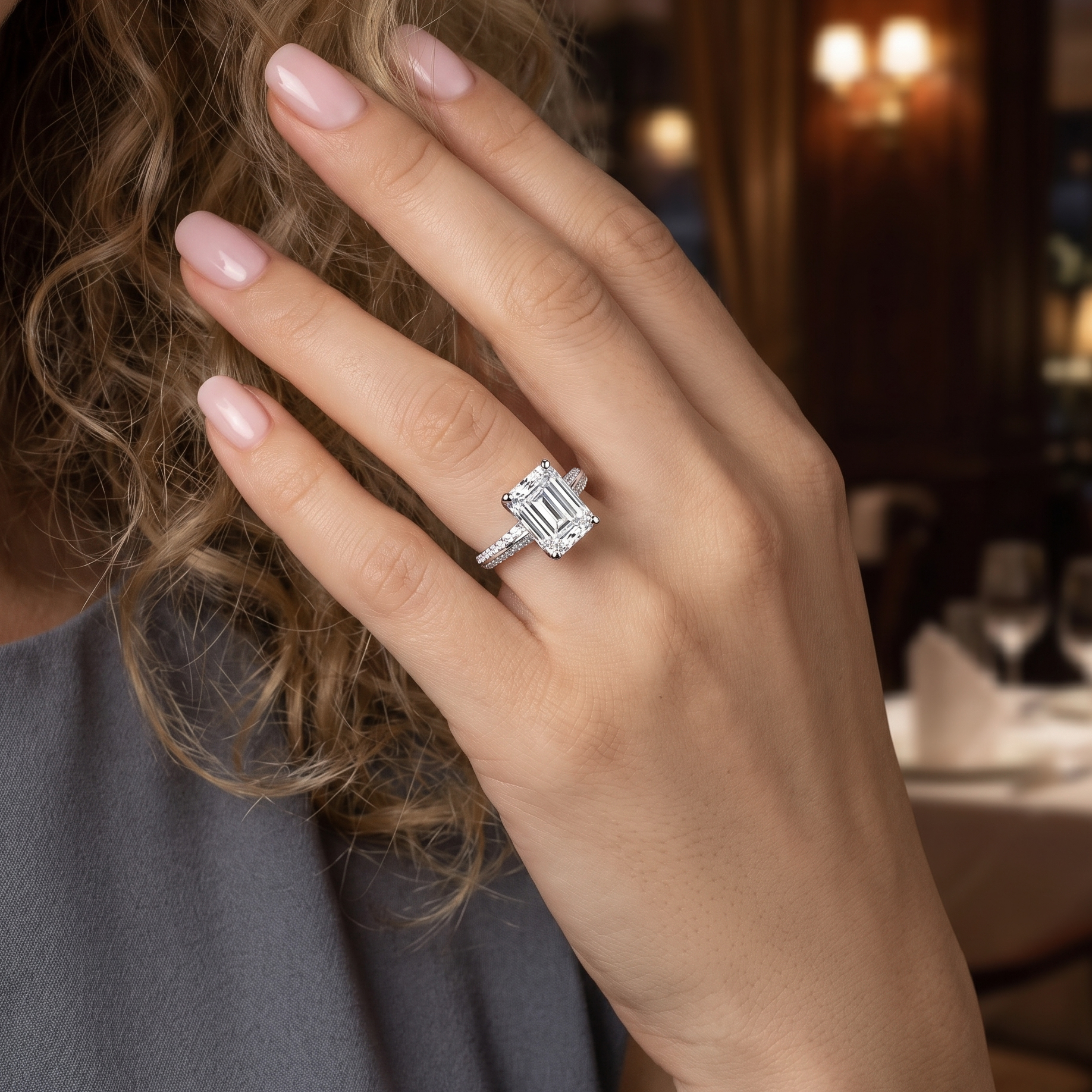 The Moon Ocean Side Stones Diamond Engagement Ring in Platinum with Emerald Centre Stone Alternate shot 5