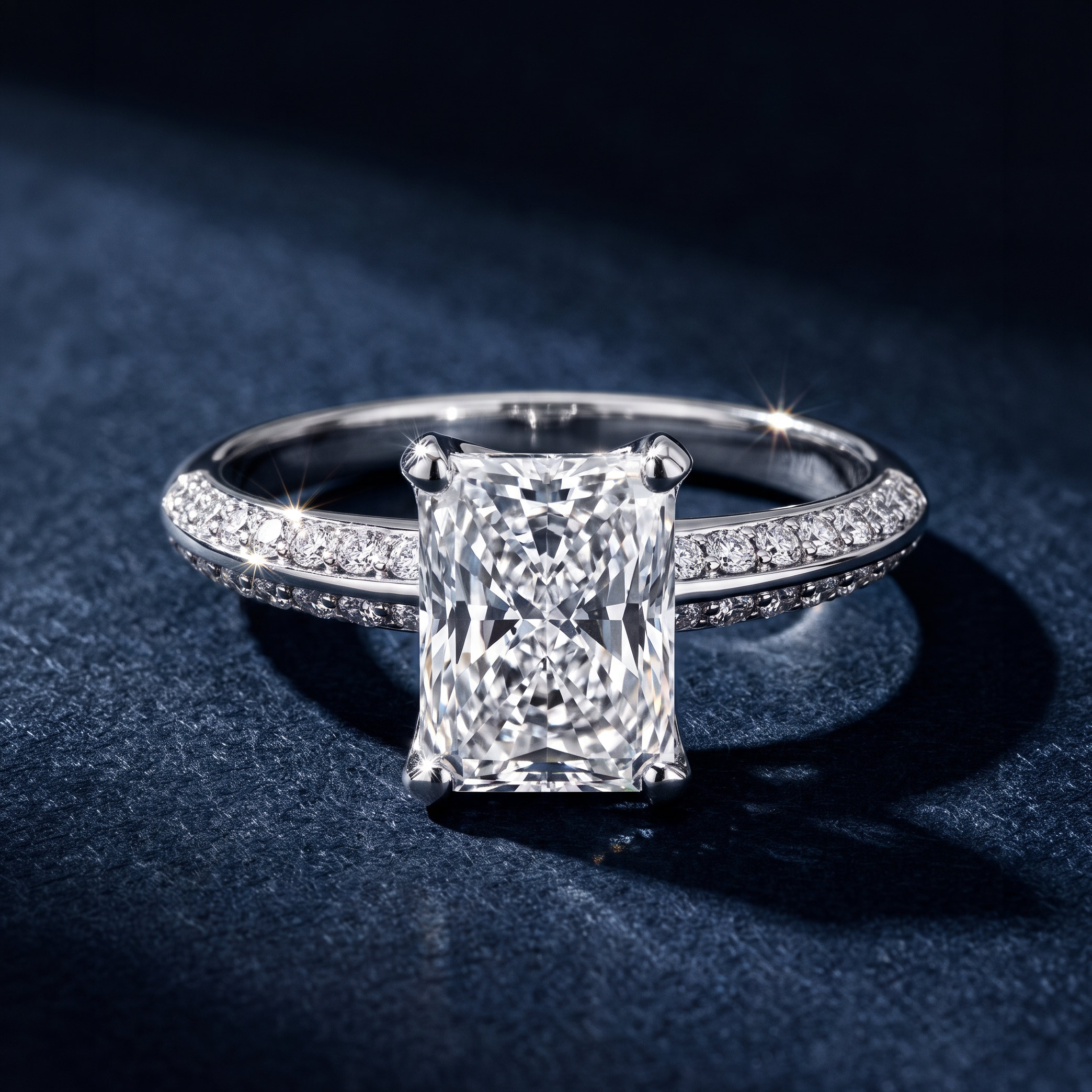 The Moon Ocean Side Stones Diamond Engagement Ring in 18ct White Gold with Radiant Centre Stone Alternate shot 6