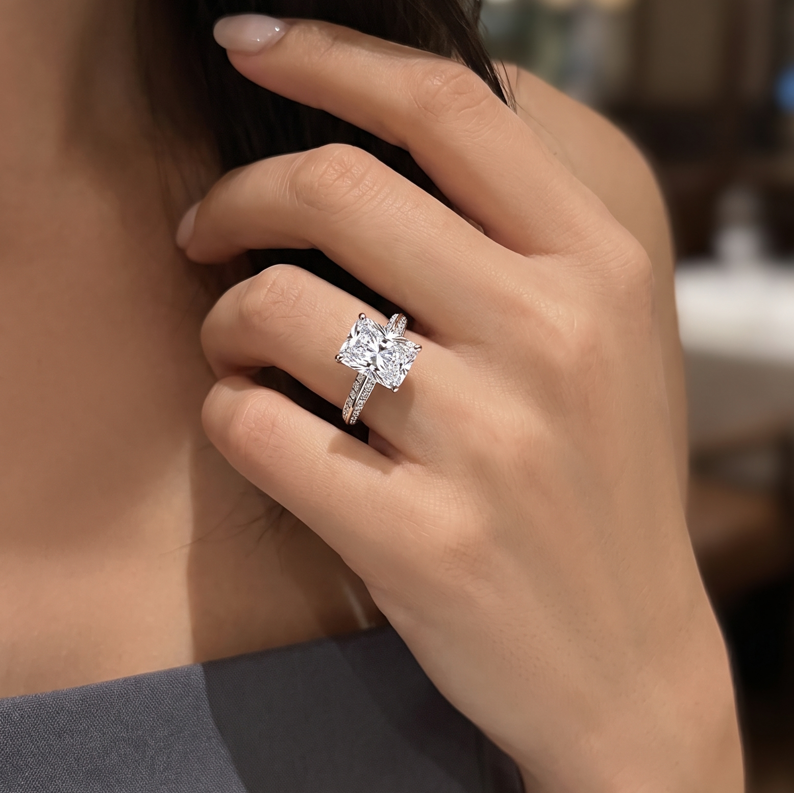 The Moon Ocean Side Stones Diamond Engagement Ring in 18ct White Gold with Radiant Centre Stone Alternate shot 7