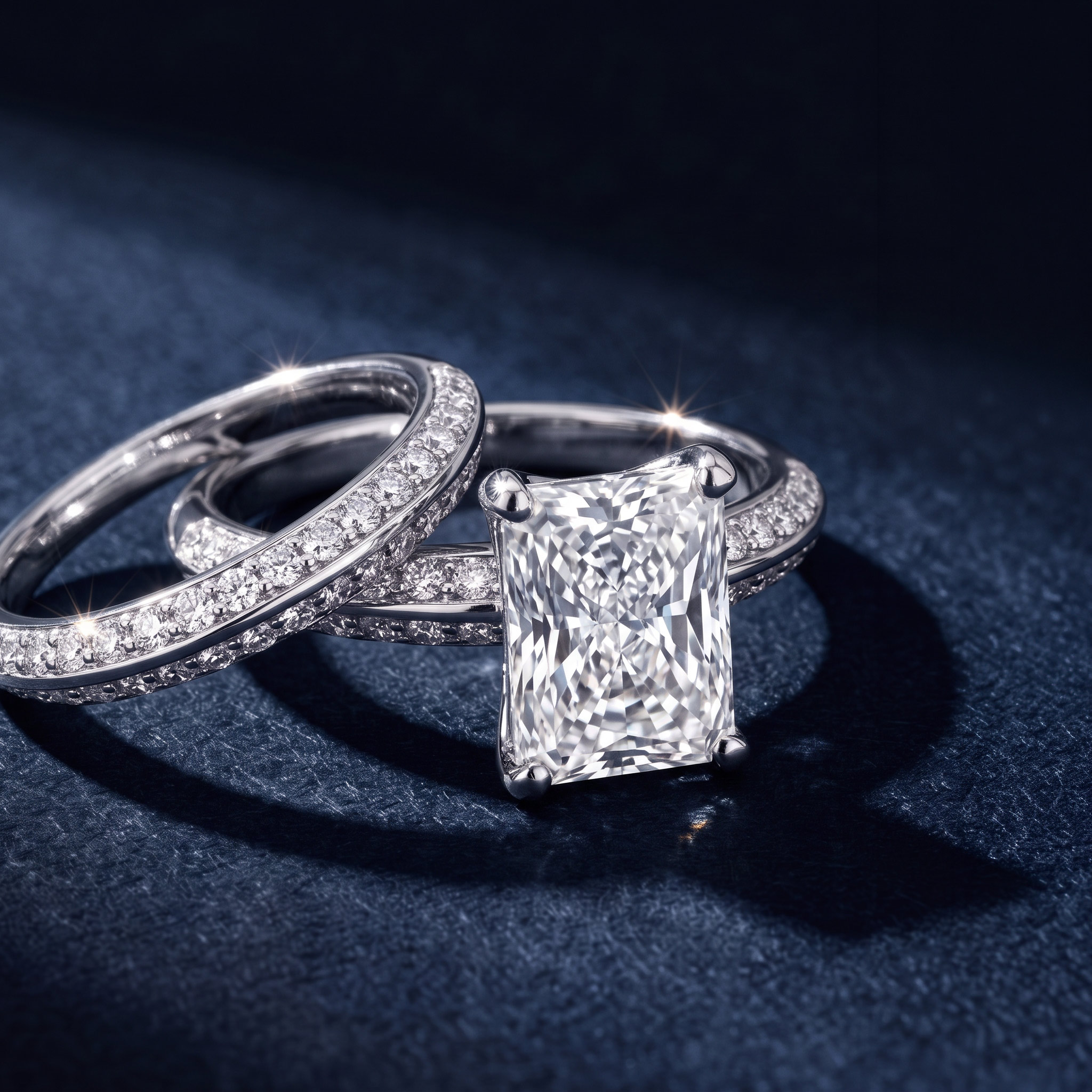 The Moon Ocean Side Stones Diamond Engagement Ring in Platinum with Radiant Centre Stone Alternate shot 7