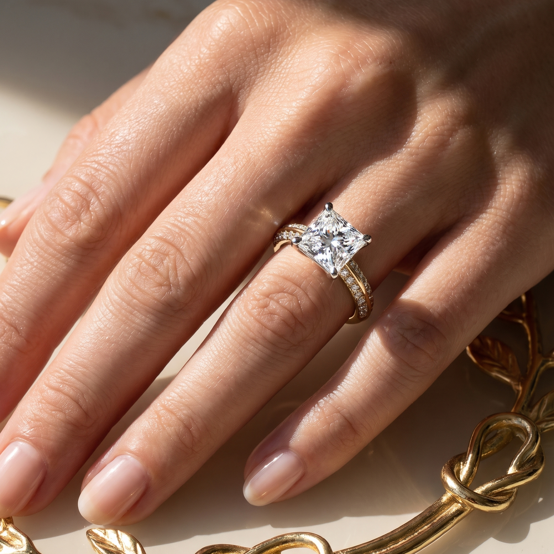 The Moon Ocean Side Stones Diamond Engagement Ring in 18ct Yellow Gold with Princess Centre Stone Alternate shot 5