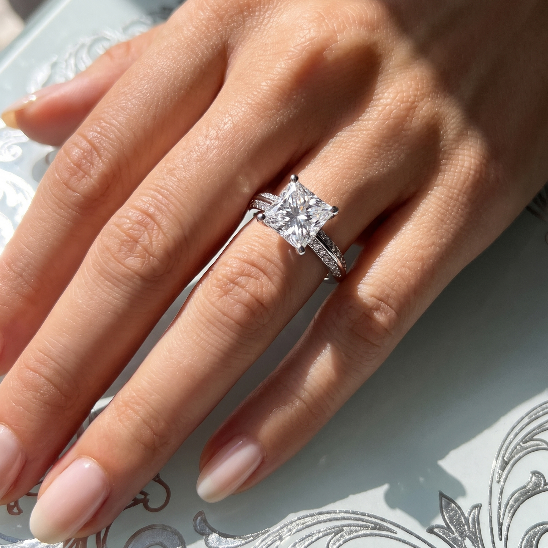 The Moon Ocean Side Stones Diamond Engagement Ring in 18ct White Gold with Princess Centre Stone Alternate shot 5