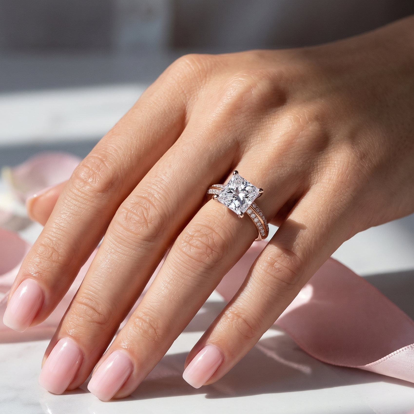 The Moon Ocean Side Stones Diamond Engagement Ring in 18ct Rose Gold with Princess Centre Stone Alternate shot 5